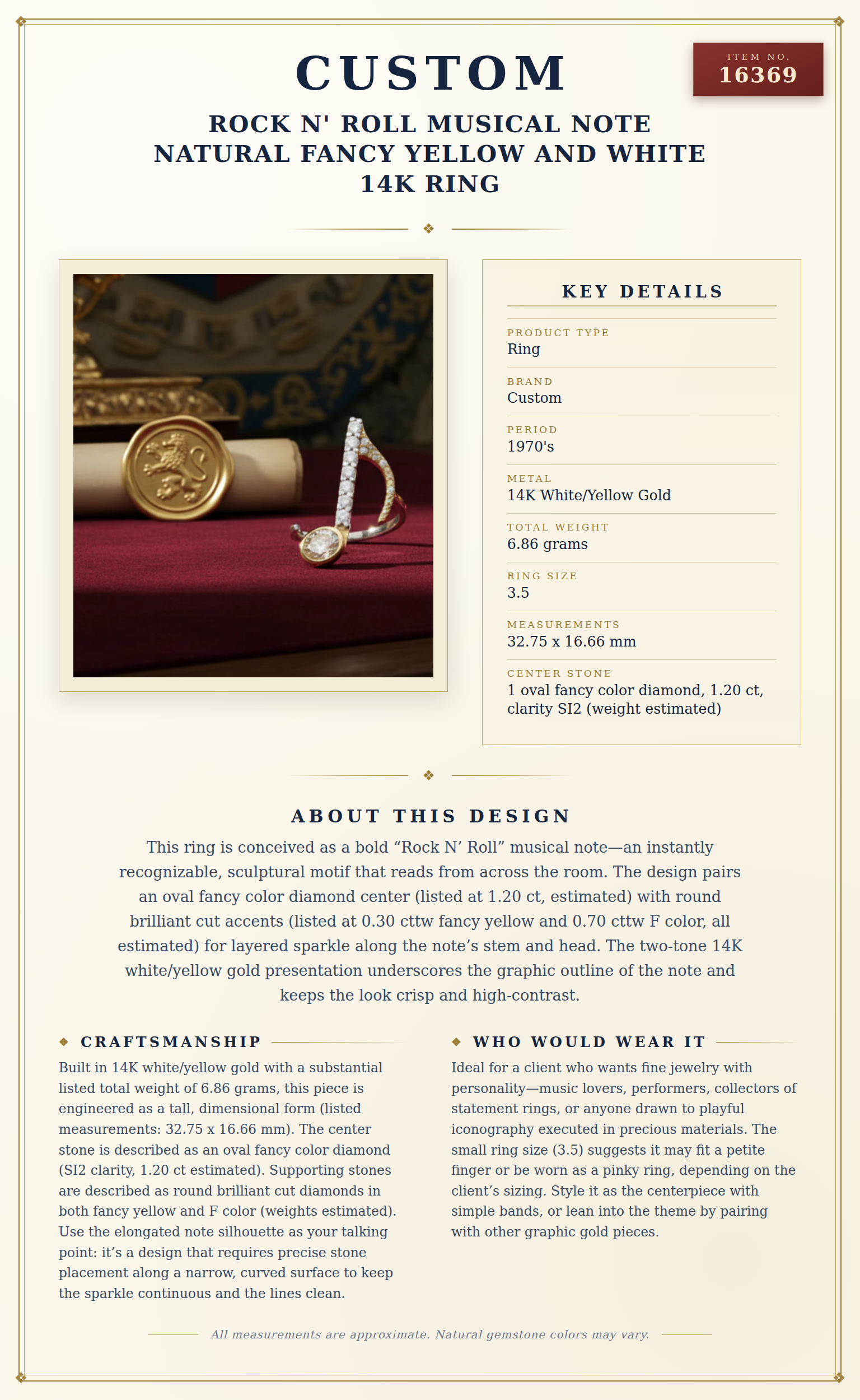 Rock N' Roll Musical Note Natural Fancy Yellow and White 14K Ring — anatomy card