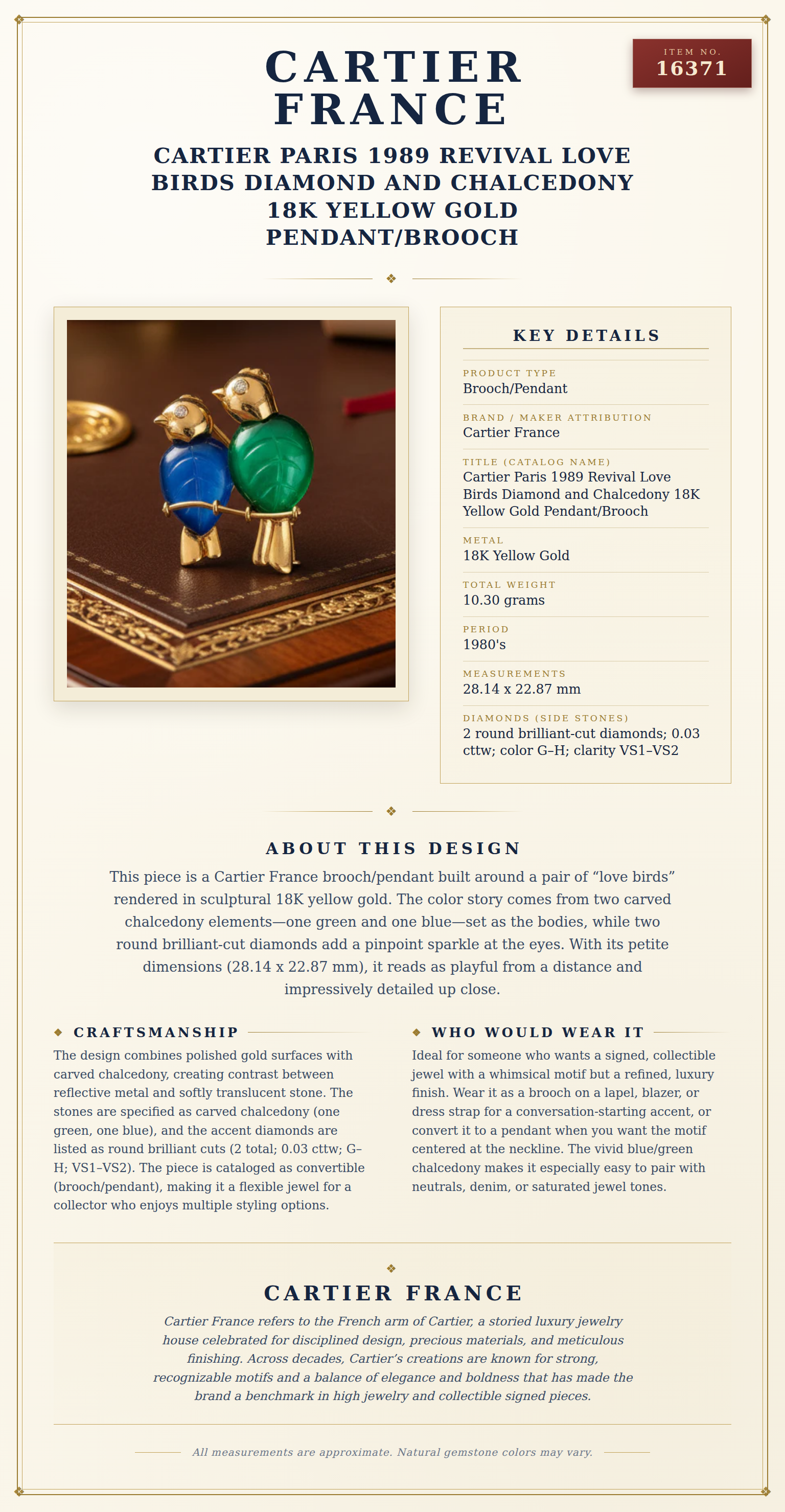 Cartier Paris 1989 Revival Love Birds Diamond and Chalcedony 18K Yellow Gold Pendant/Brooch — anatomy card