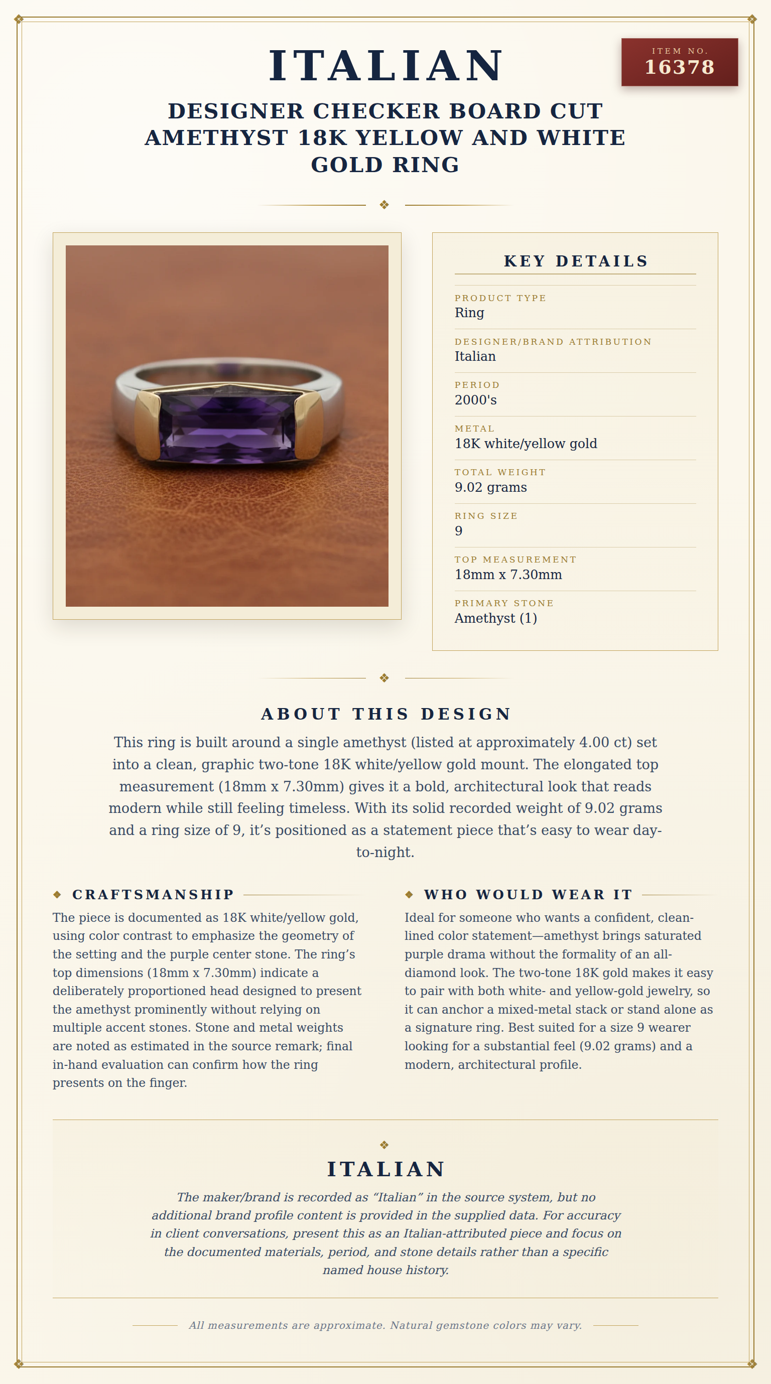 Italian Designer Checker Board Cut Amethyst 18K Yellow and White Gold Ring — anatomy card
