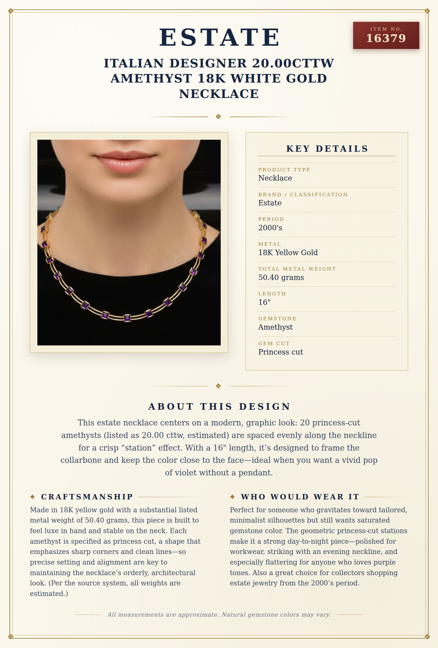 Italian Designer 20.00cttw Amethyst 18K White Gold Necklace — anatomy card