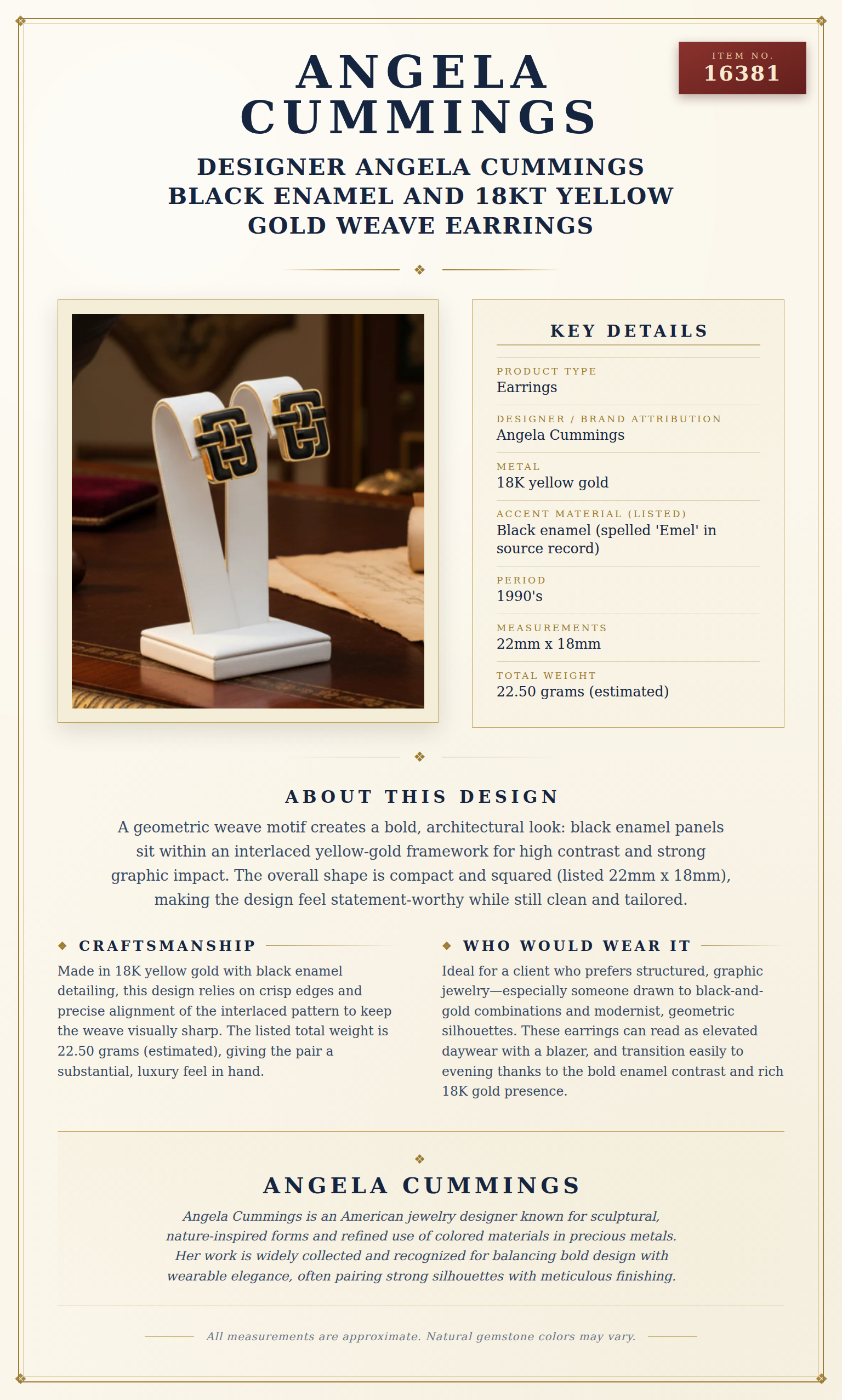 Designer Angela Cummings Black Enamel and 18Kt Yellow Gold Weave Earrings — anatomy card