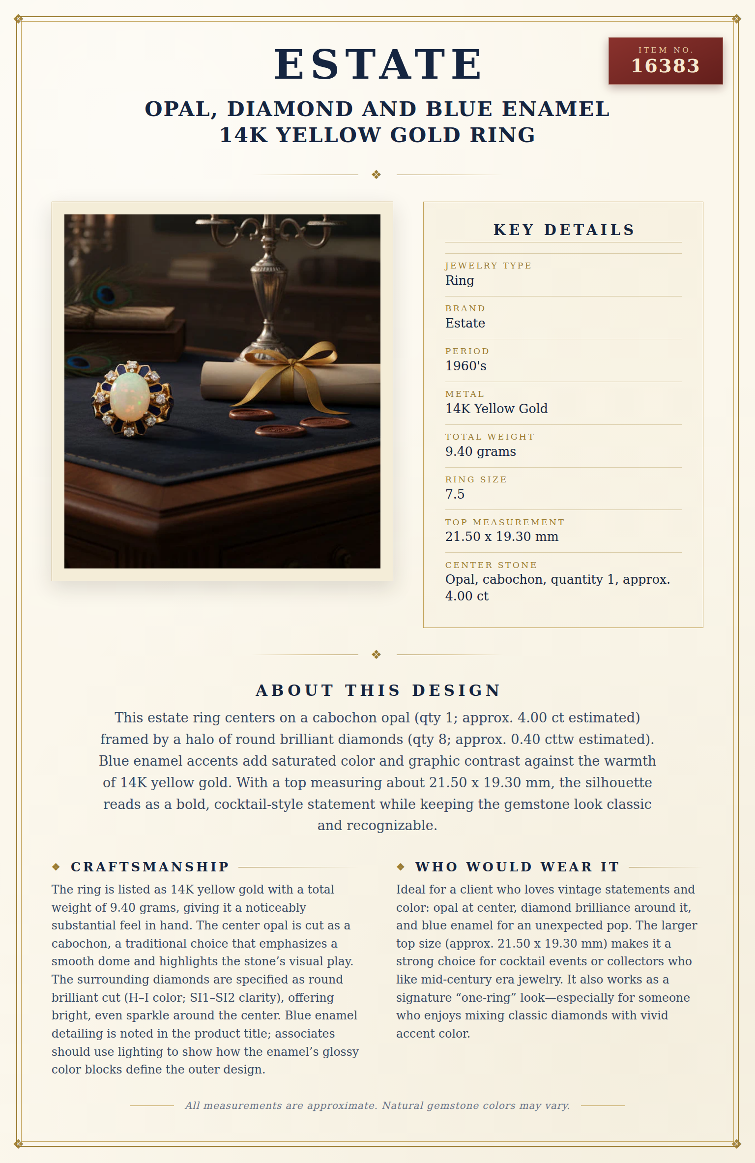 Estate Opal, Diamond and Blue Enamel 14K Yellow Gold Ring — anatomy card