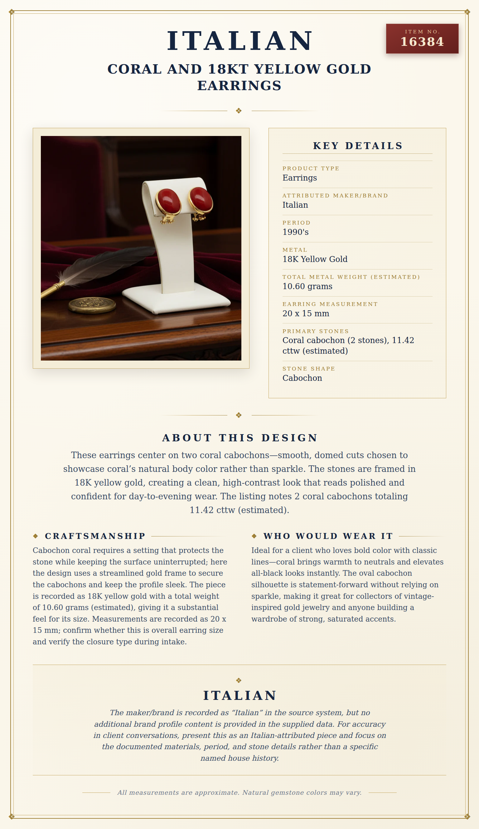 Italian Coral and 18Kt Yellow Gold Earrings — anatomy card