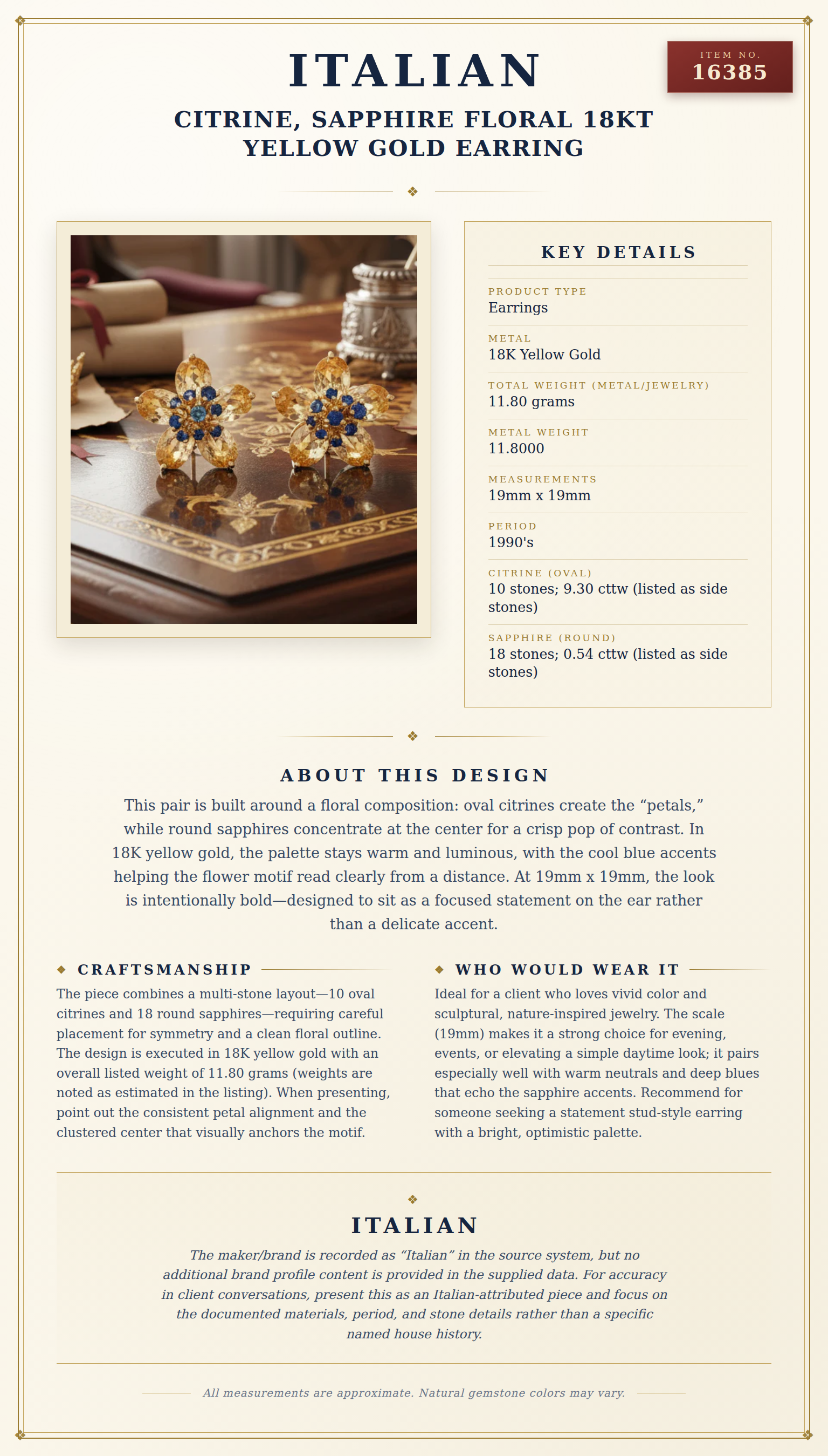 Italian Citrine, Sapphire Floral 18Kt Yellow Gold Earring — anatomy card