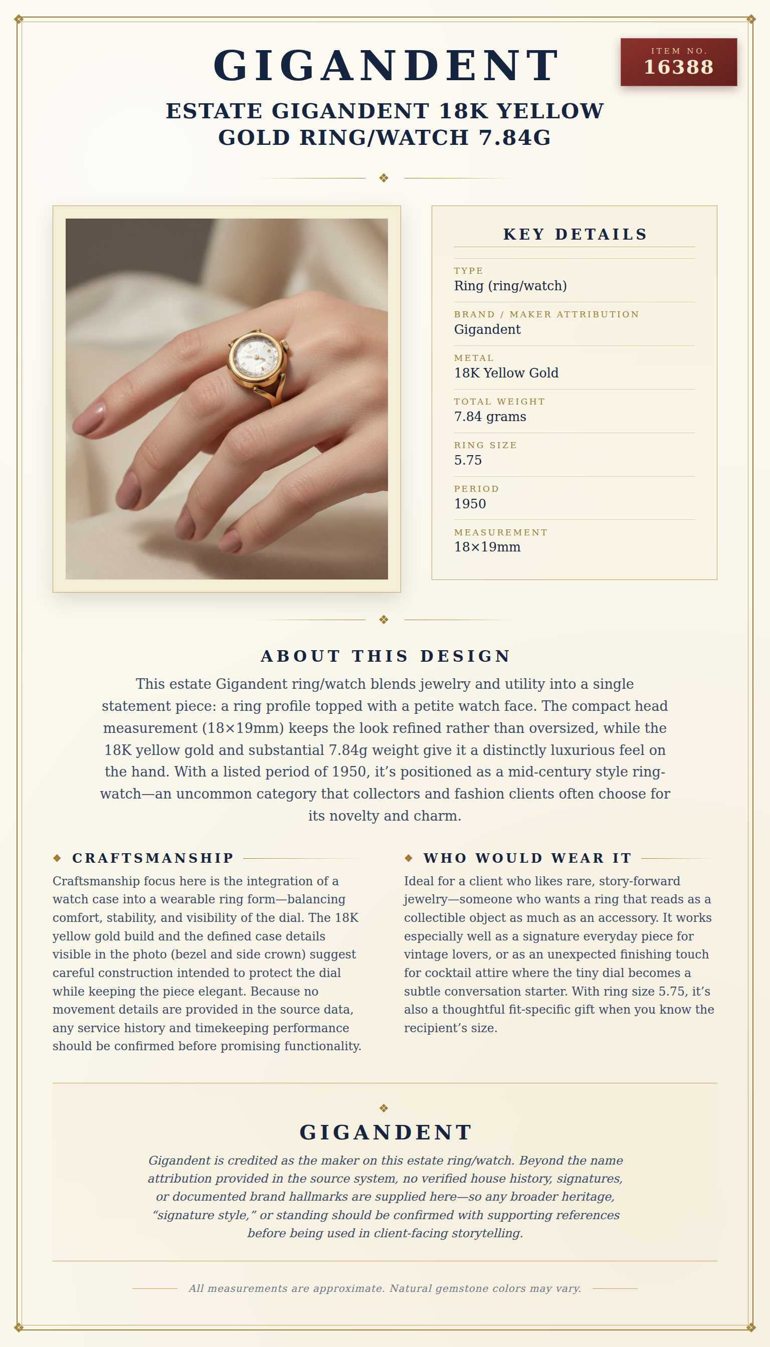 Estate Gigandent 18K Yellow Gold Ring/Watch 7.84g — anatomy card