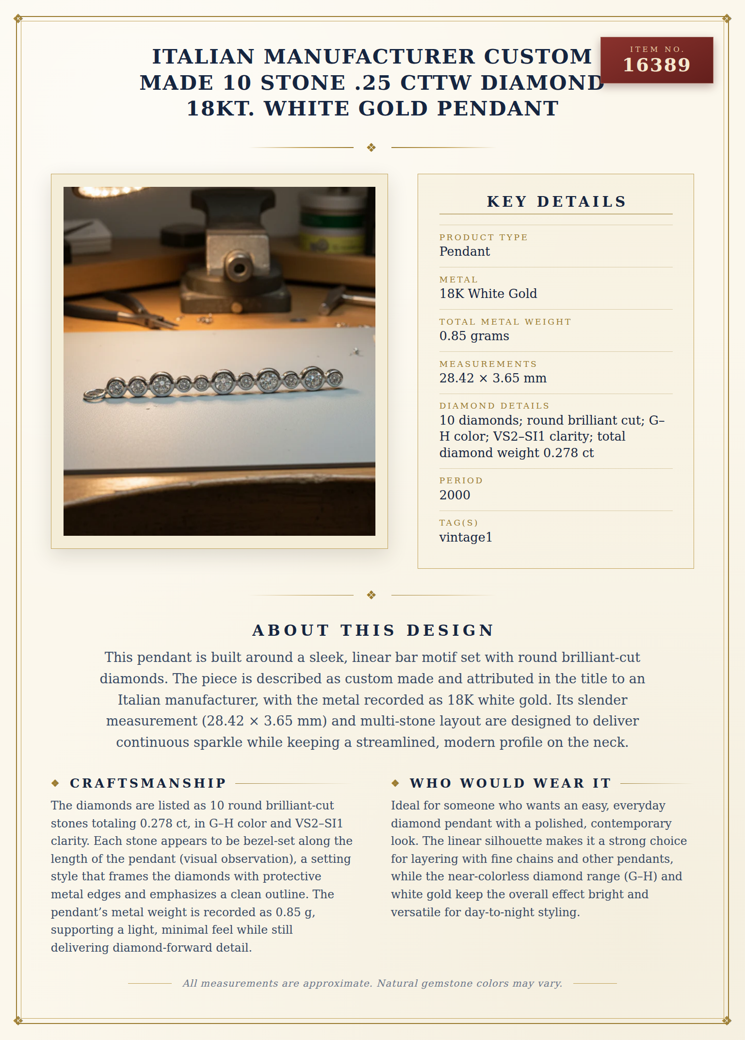 Italian Manufacturer Custom Made 10 Stone .25 cttw Diamond 18kt. White Gold Pendant — anatomy card