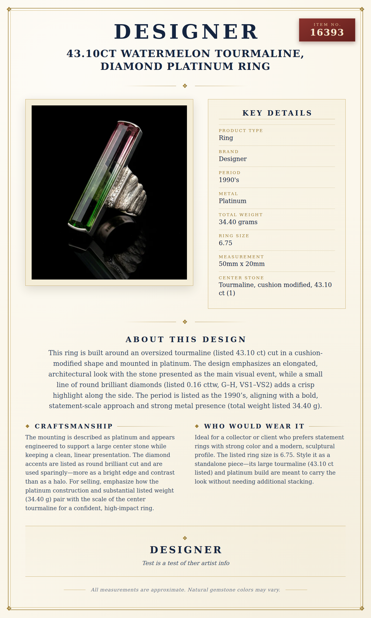 Designer 43.10ct Watermelon Tourmaline, Diamond Platinum Ring — anatomy card