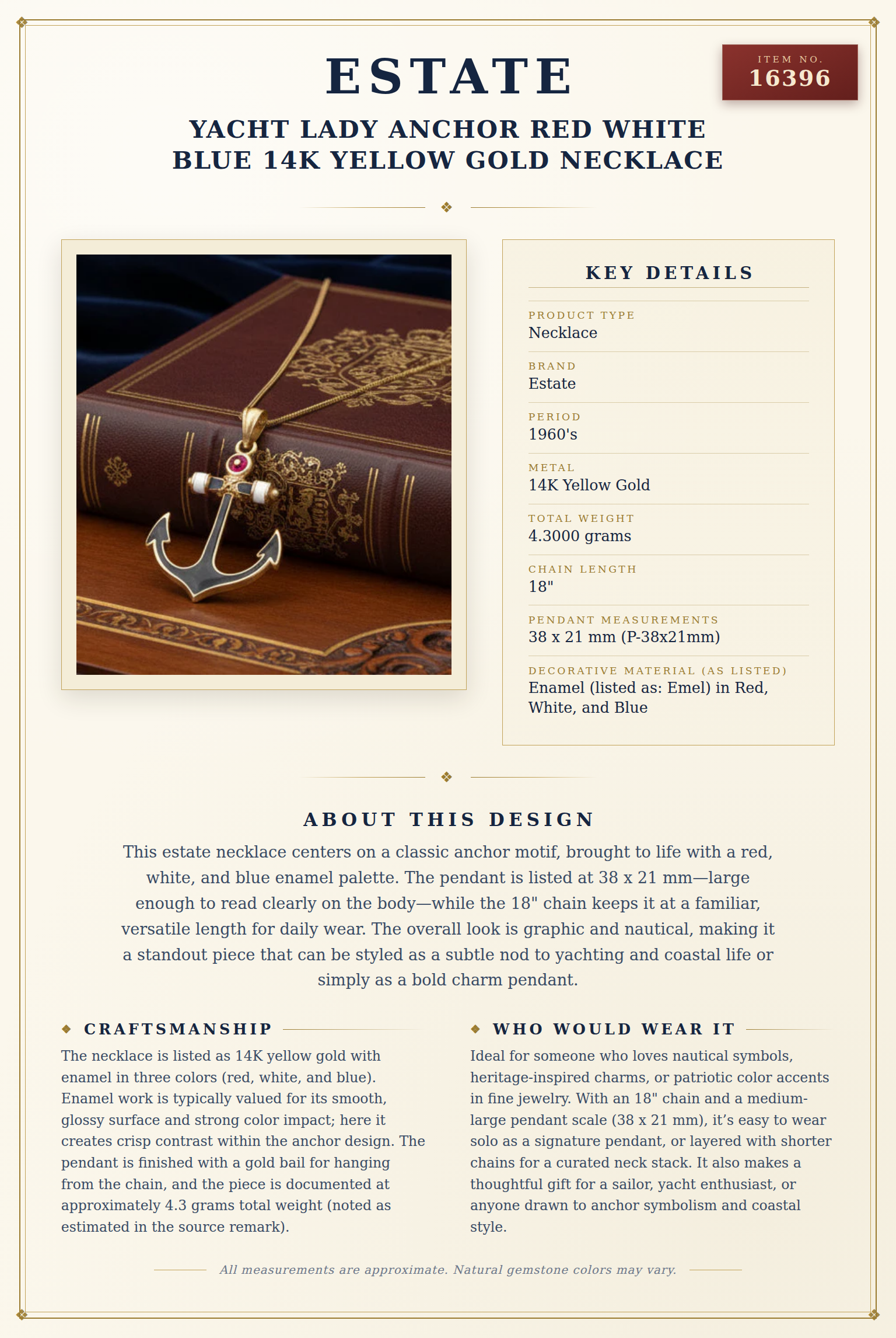 Yacht Lady Anchor Red White Blue 14K Yellow Gold Necklace — anatomy card