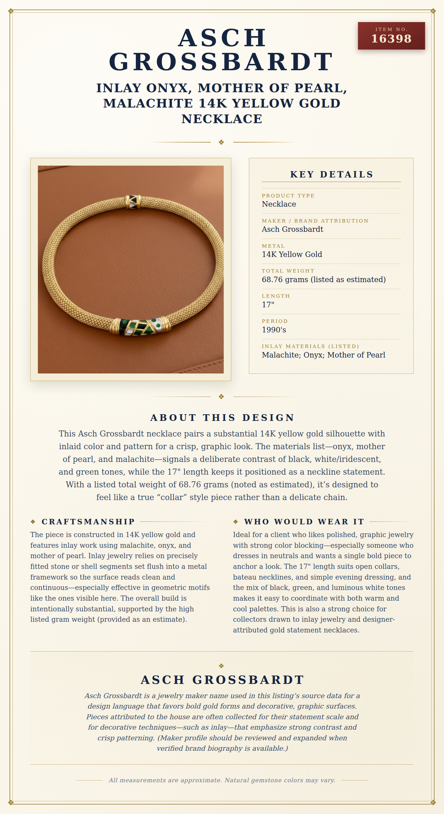 Asch Grossbardt Inlay Onyx, Mother of Pearl, Malachite 14k Yellow Gold Necklace — anatomy card