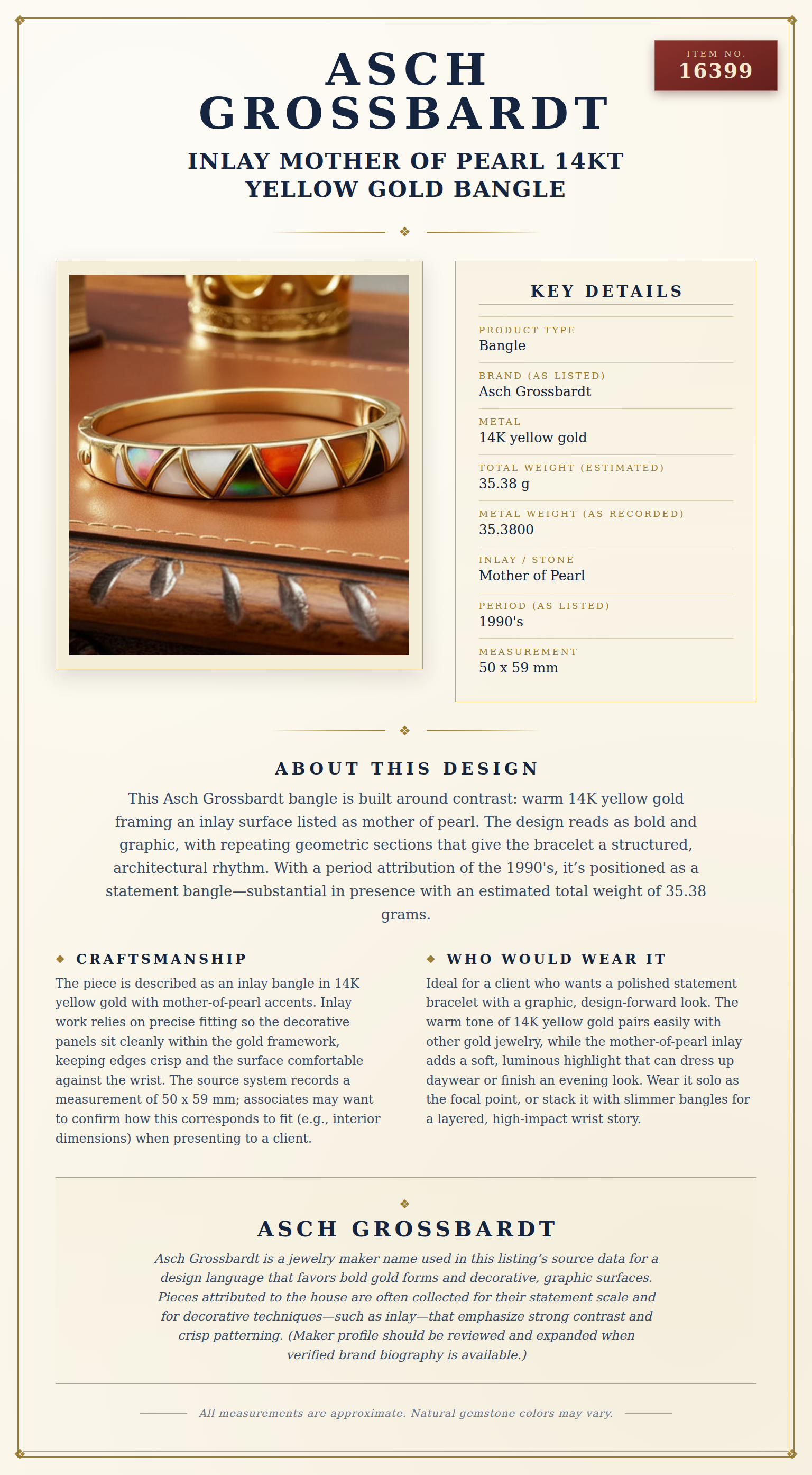 Asch Grossbardt Inlay Mother of Pearl 14Kt Yellow Gold Bangle — anatomy card