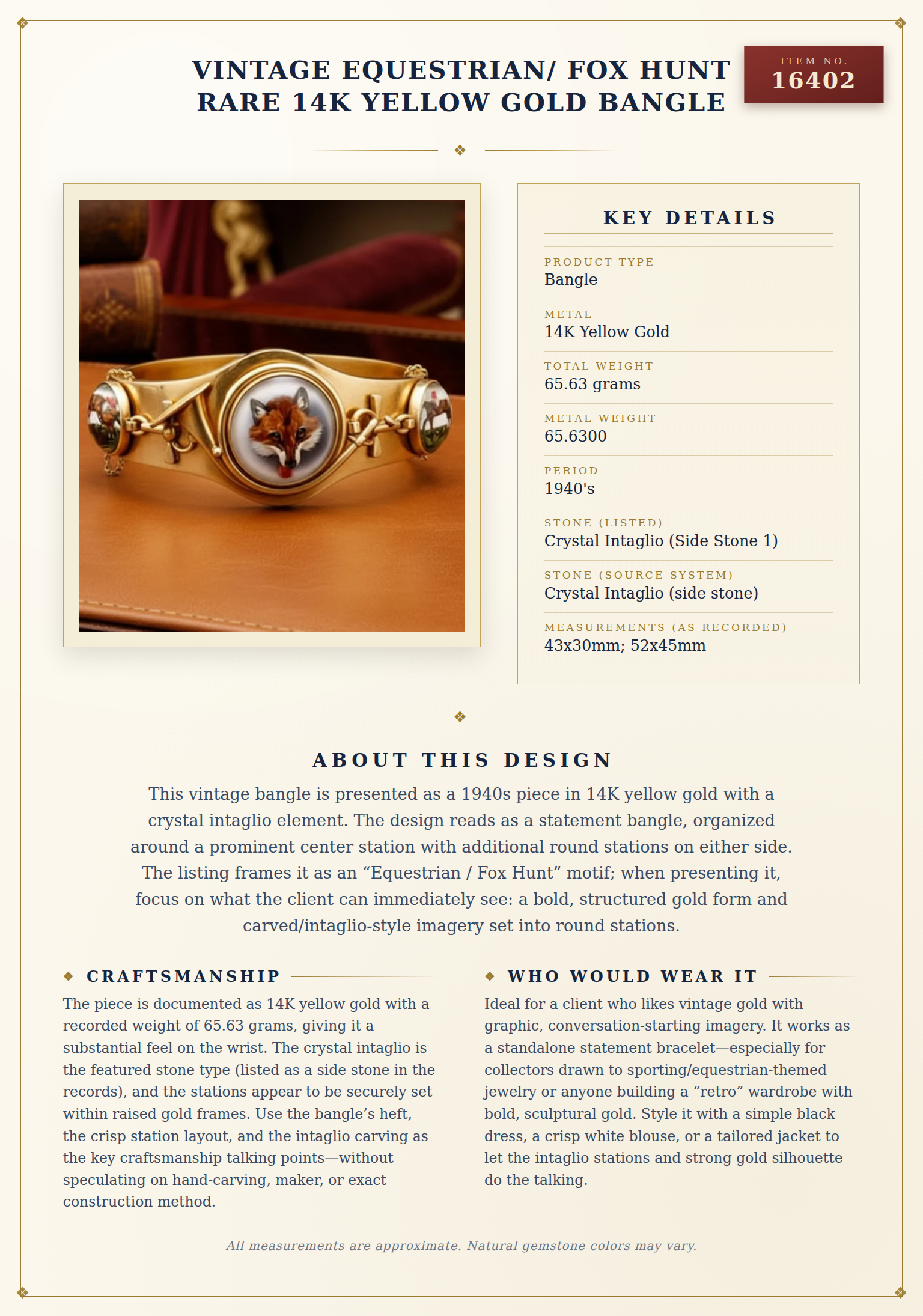 Vintage Equestrian/ Fox Hunt Rare 14K Yellow Gold Bangle — anatomy card