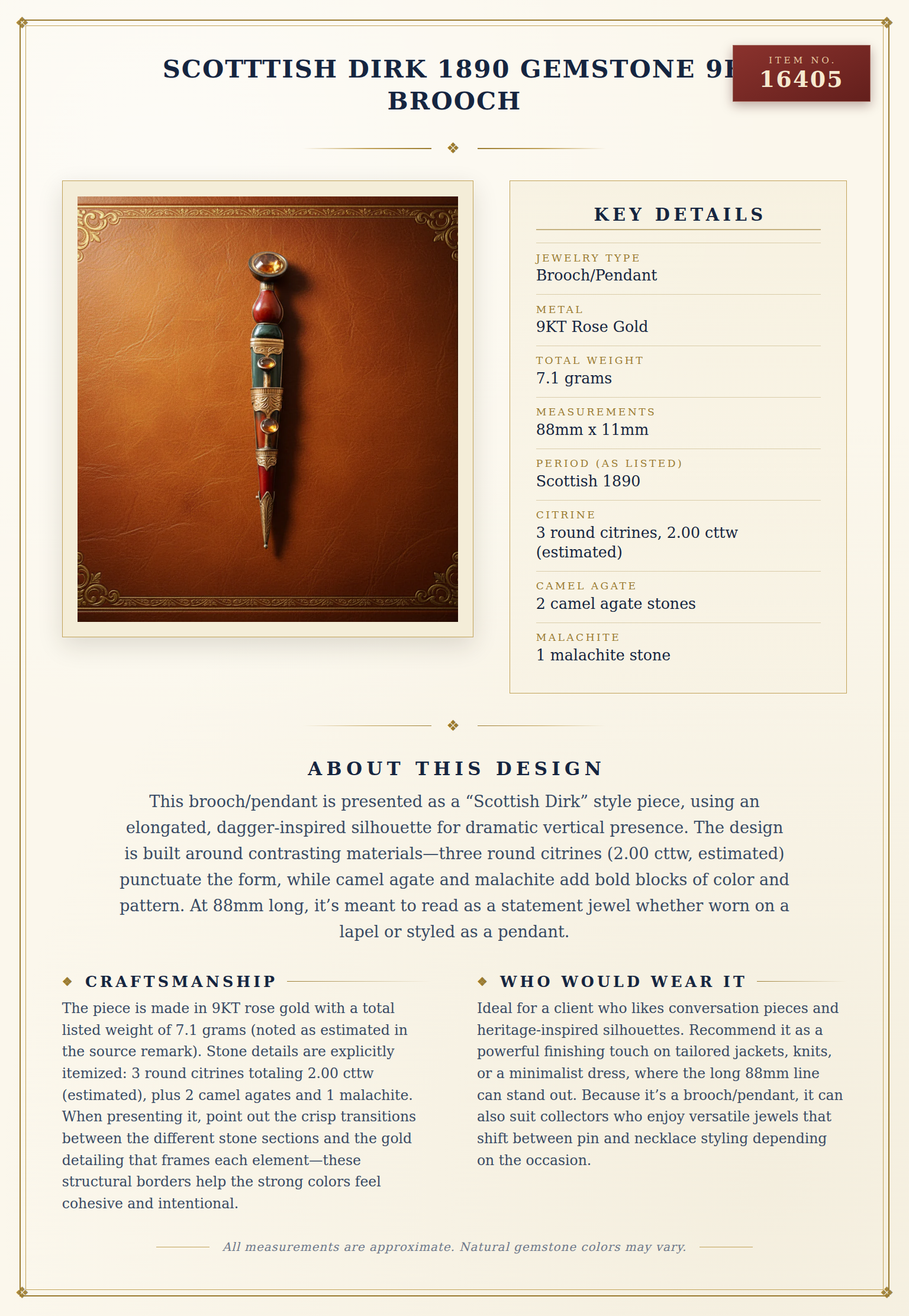 Scotttish Dirk 1890 Gemstone 9K Brooch — anatomy card