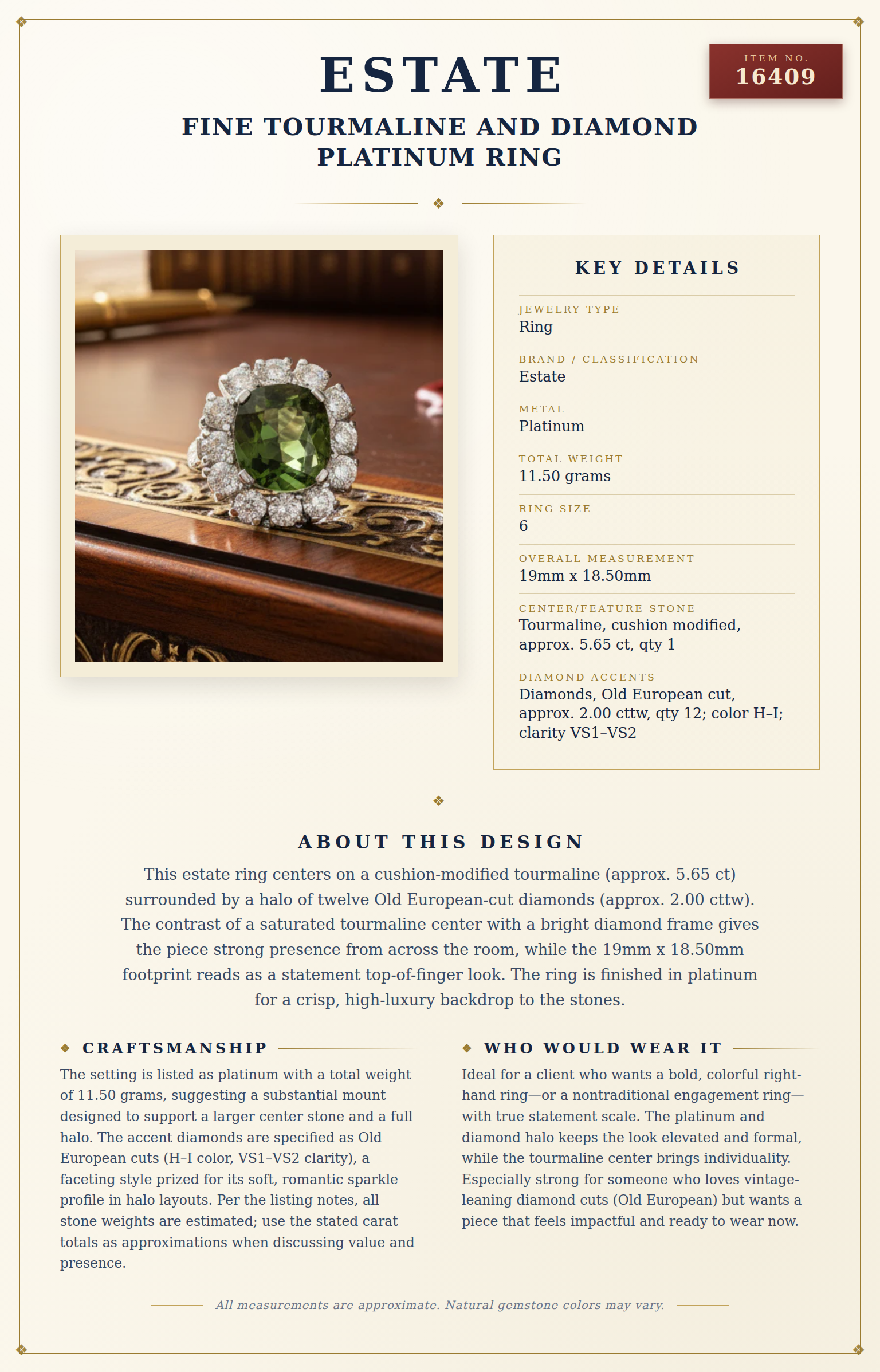 Fine Tourmaline and Diamond Platinum Ring — anatomy card