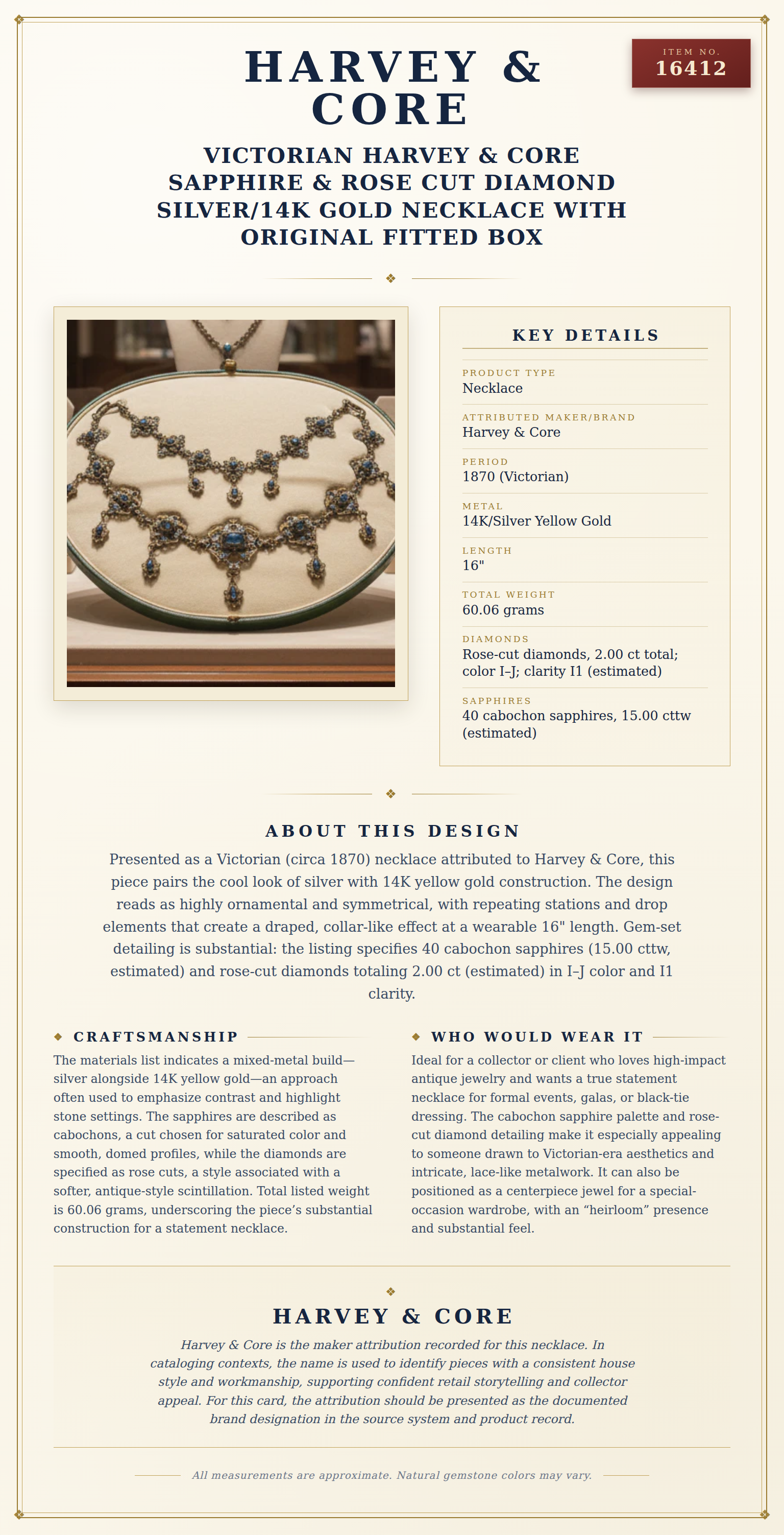 Victorian Harvey & Core Sapphire & Rose Cut Diamond Silver/14K Gold Necklace with Original Fitted Box — anatomy card
