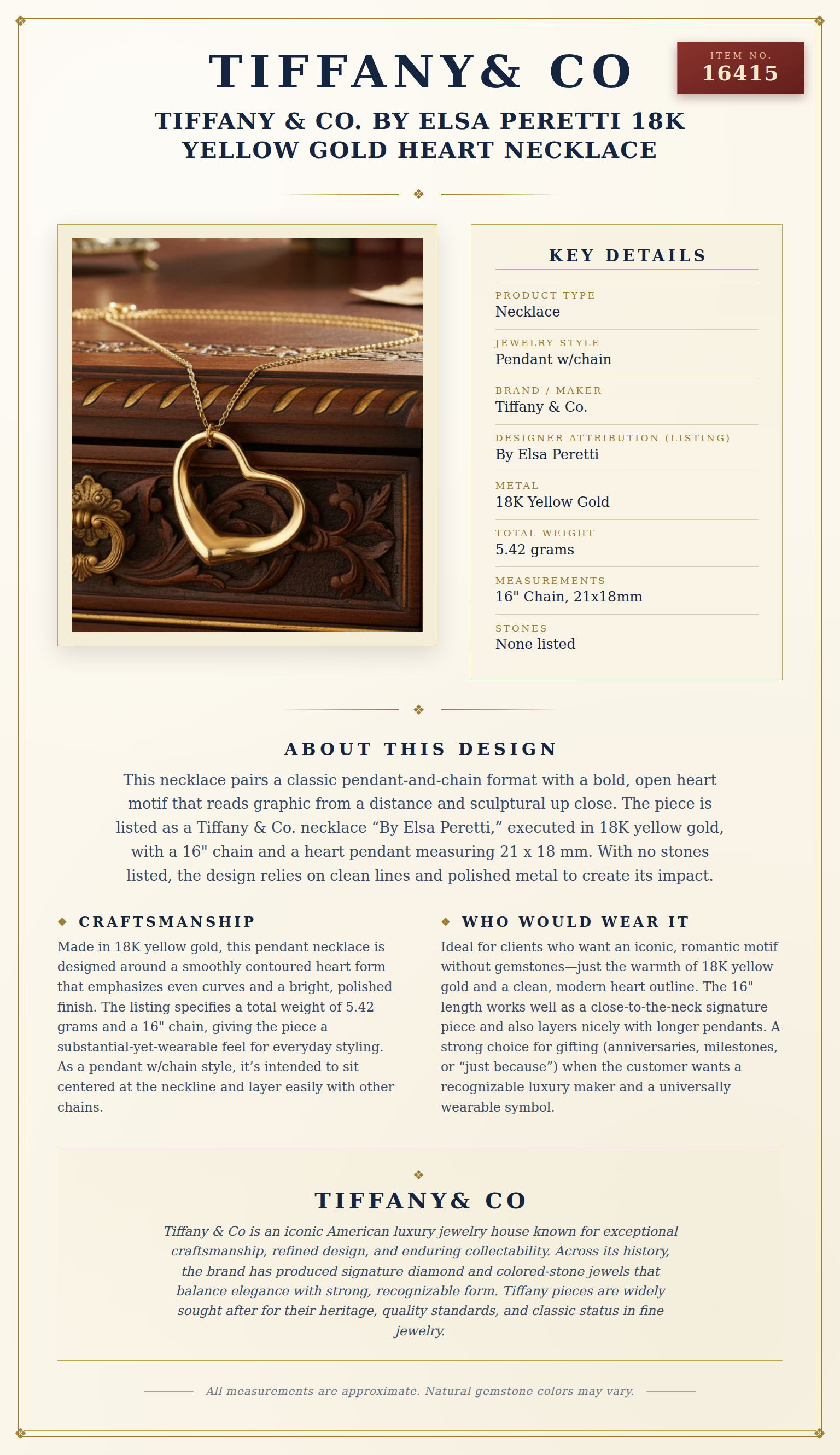 Tiffany & Co. By Elsa Peretti 18k Yellow Gold Heart Necklace — anatomy card