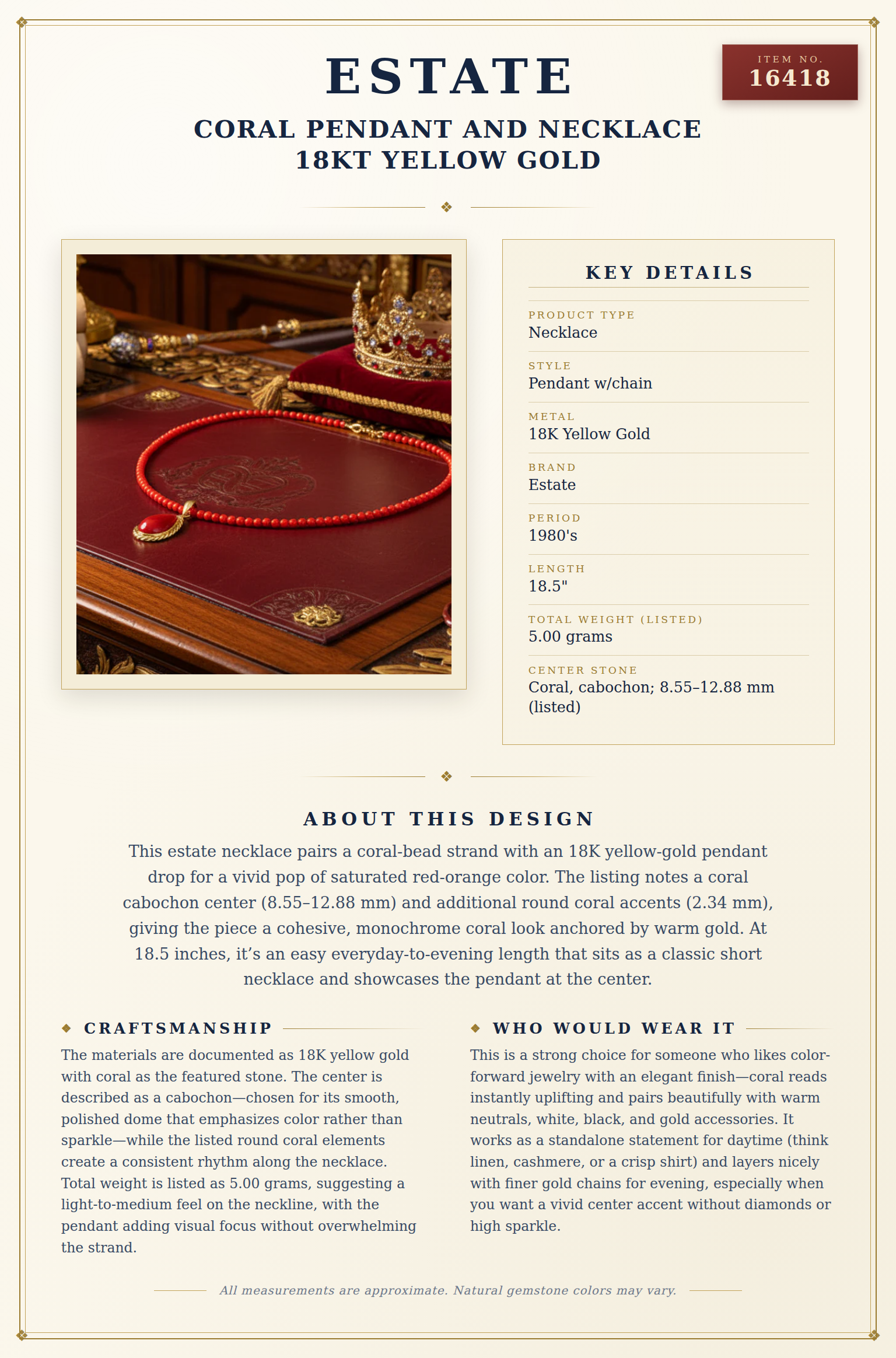 Estate Coral Pendant and Necklace 18kt Yellow Gold — anatomy card