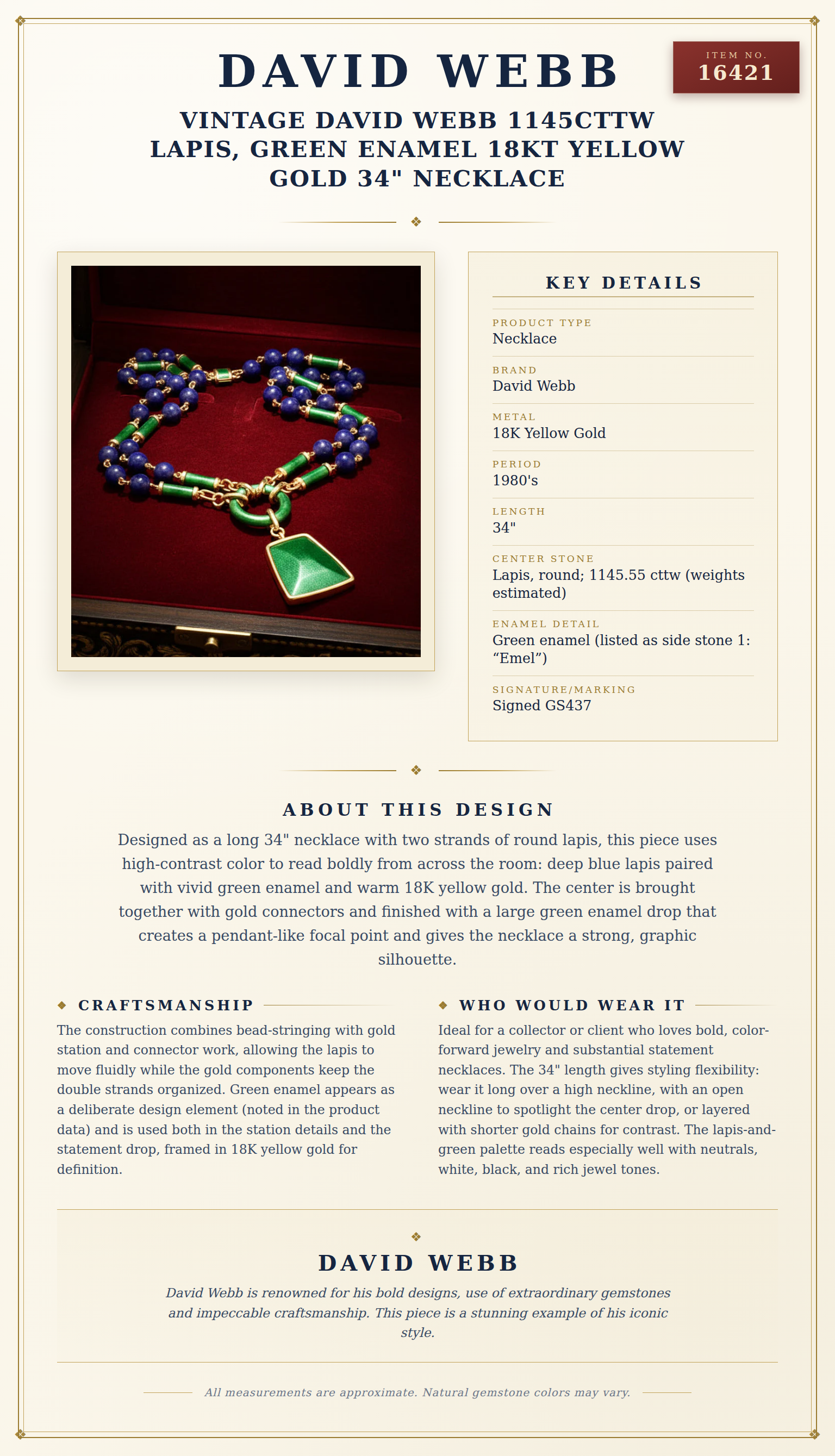 Vintage David Webb 1145cttw Lapis, Green Enamel 18Kt Yellow Gold 34" Necklace — anatomy card