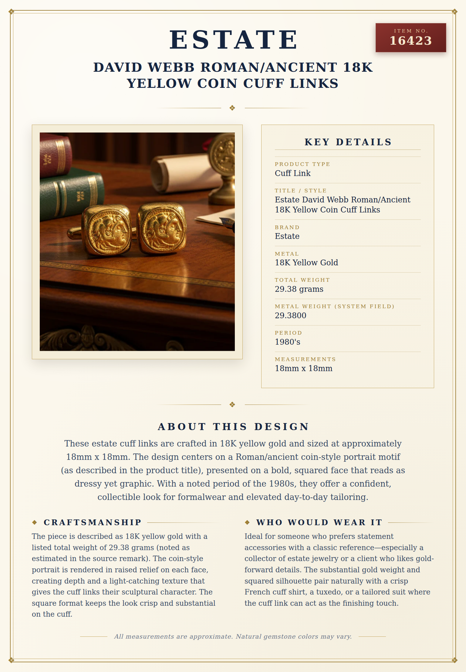 Estate David Webb Roman/Ancient 18K Yellow Coin Cuff Links — anatomy card