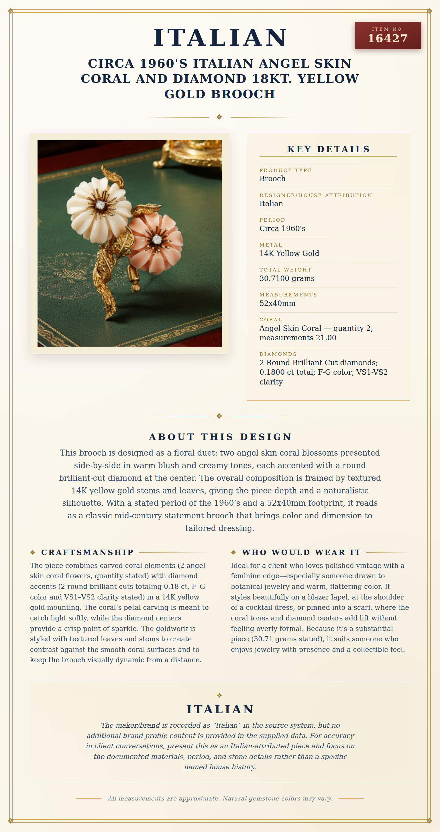 Circa 1960's Italian Angel Skin Coral and Diamond 18kt. Yellow Gold Brooch — anatomy card