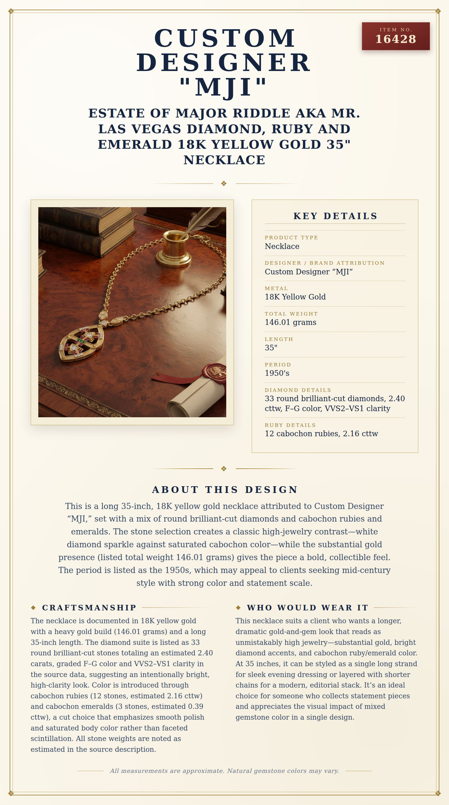 Estate Of Major Riddle aka Mr. Las Vegas Diamond, Ruby and Emerald 18k Yellow Gold 35" Necklace — anatomy card