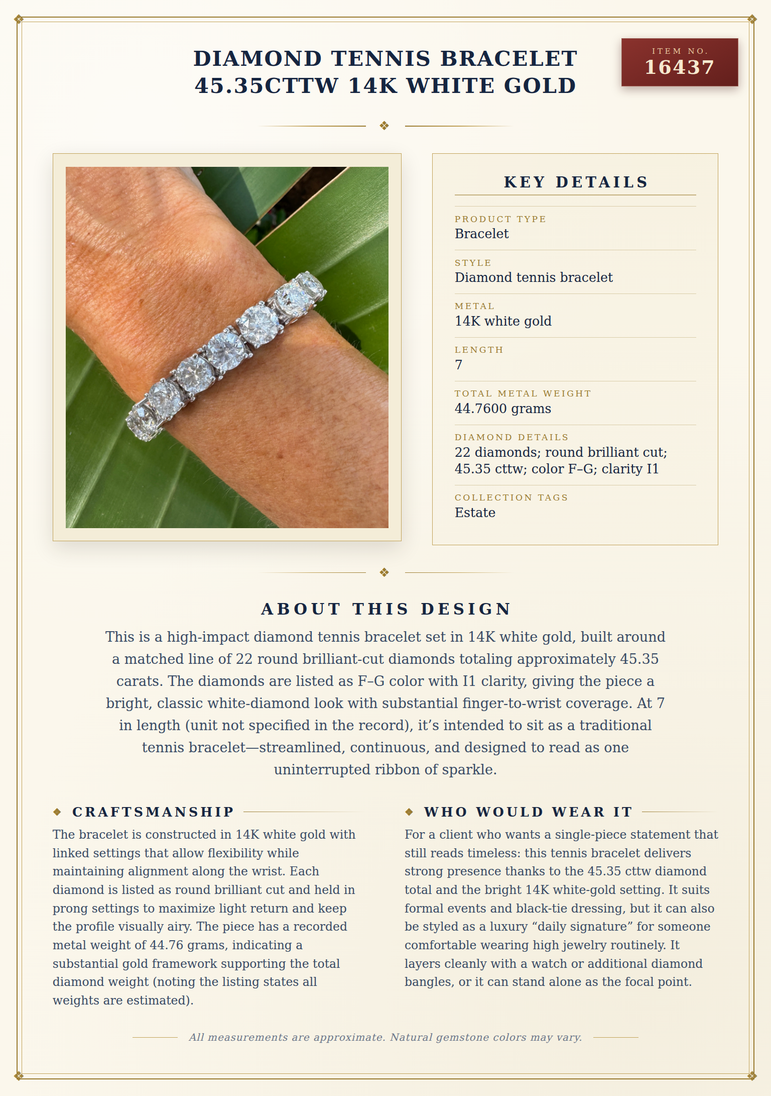 Diamond Tennis Bracelet 45.35cttw 14K White Gold — anatomy card
