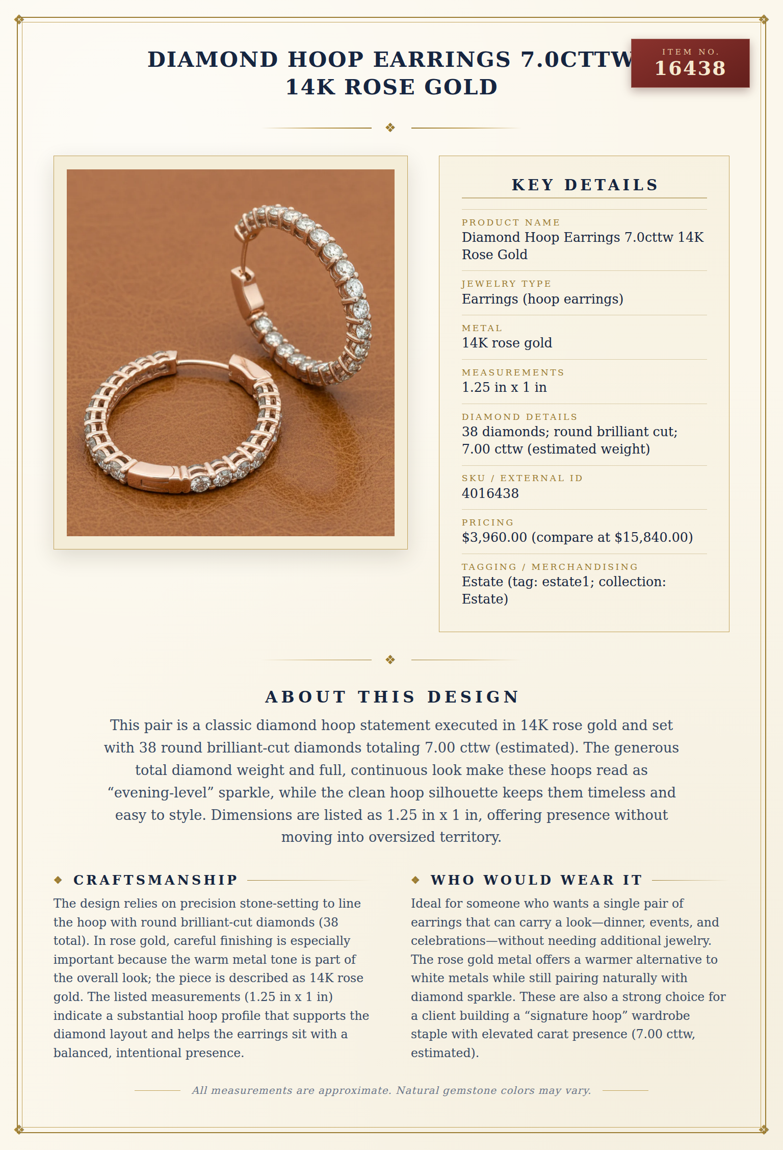 Diamond Hoop Earrings 7.0cttw 14K Rose Gold — anatomy card