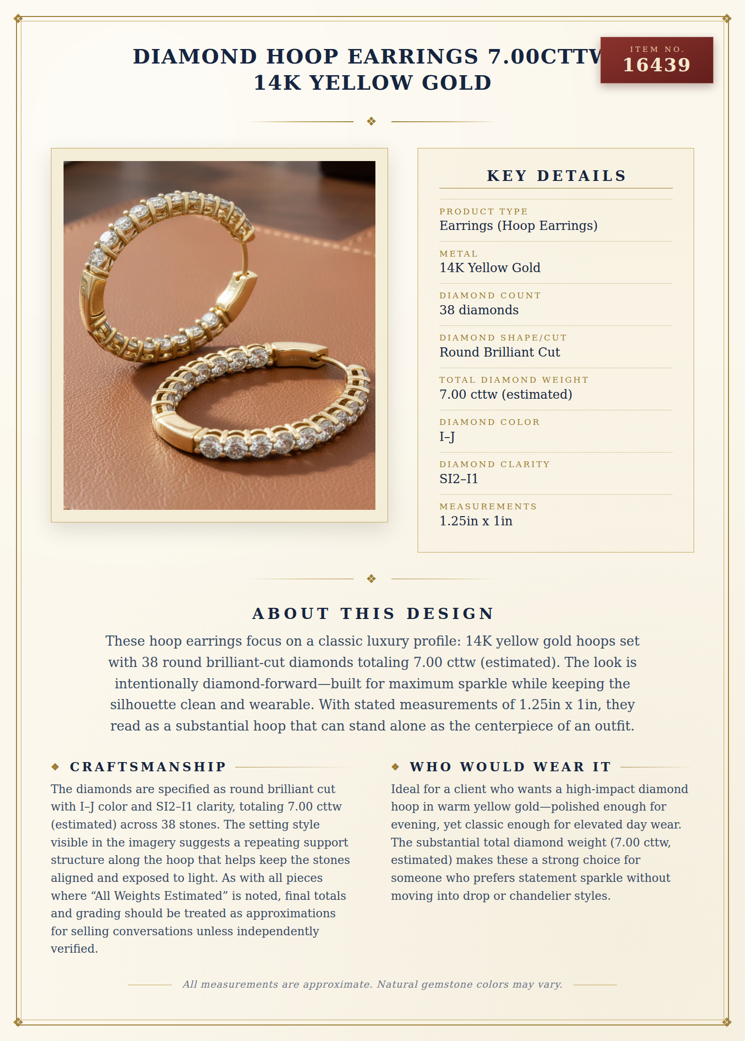 Diamond Hoop Earrings 7.00cttw 14K Yellow Gold — anatomy card