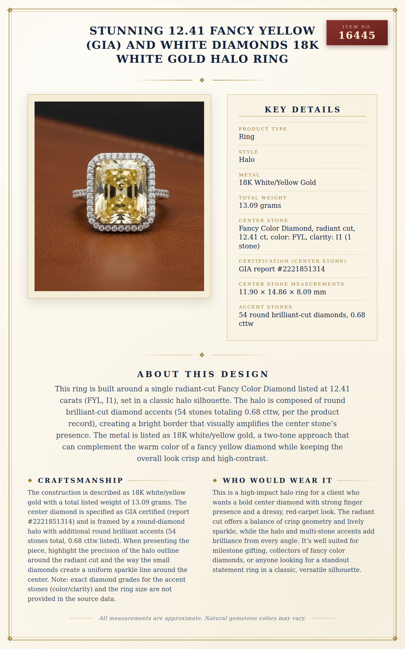 Stunning 12.41 Fancy Yellow (GIA) and White Diamonds 18K White Gold Halo Ring — anatomy card