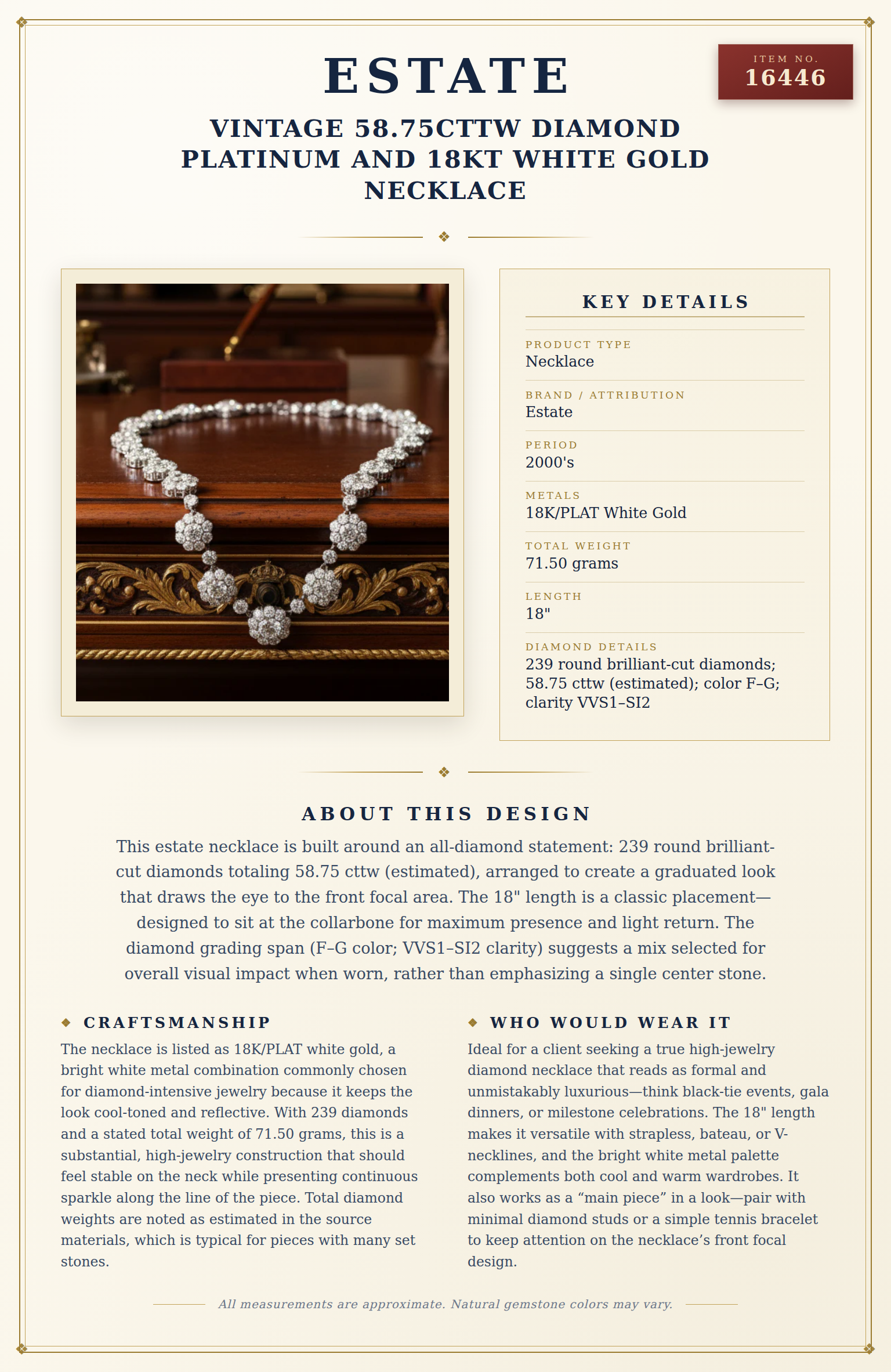Vintage 58.75cttw Diamond Platinum and 18Kt White Gold Necklace — anatomy card