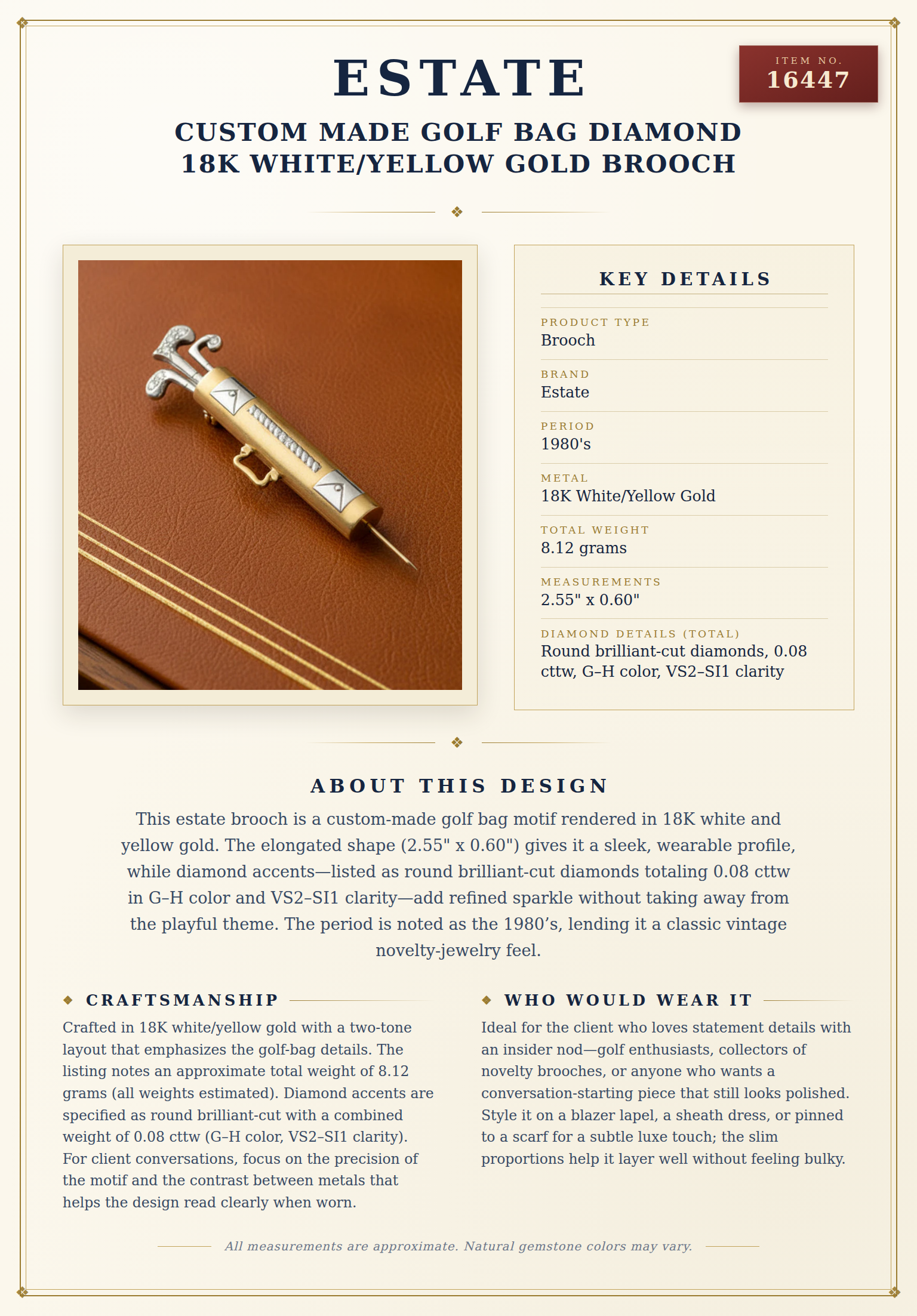 Custom Made Golf Bag Diamond 18K White/Yellow Gold Brooch — anatomy card