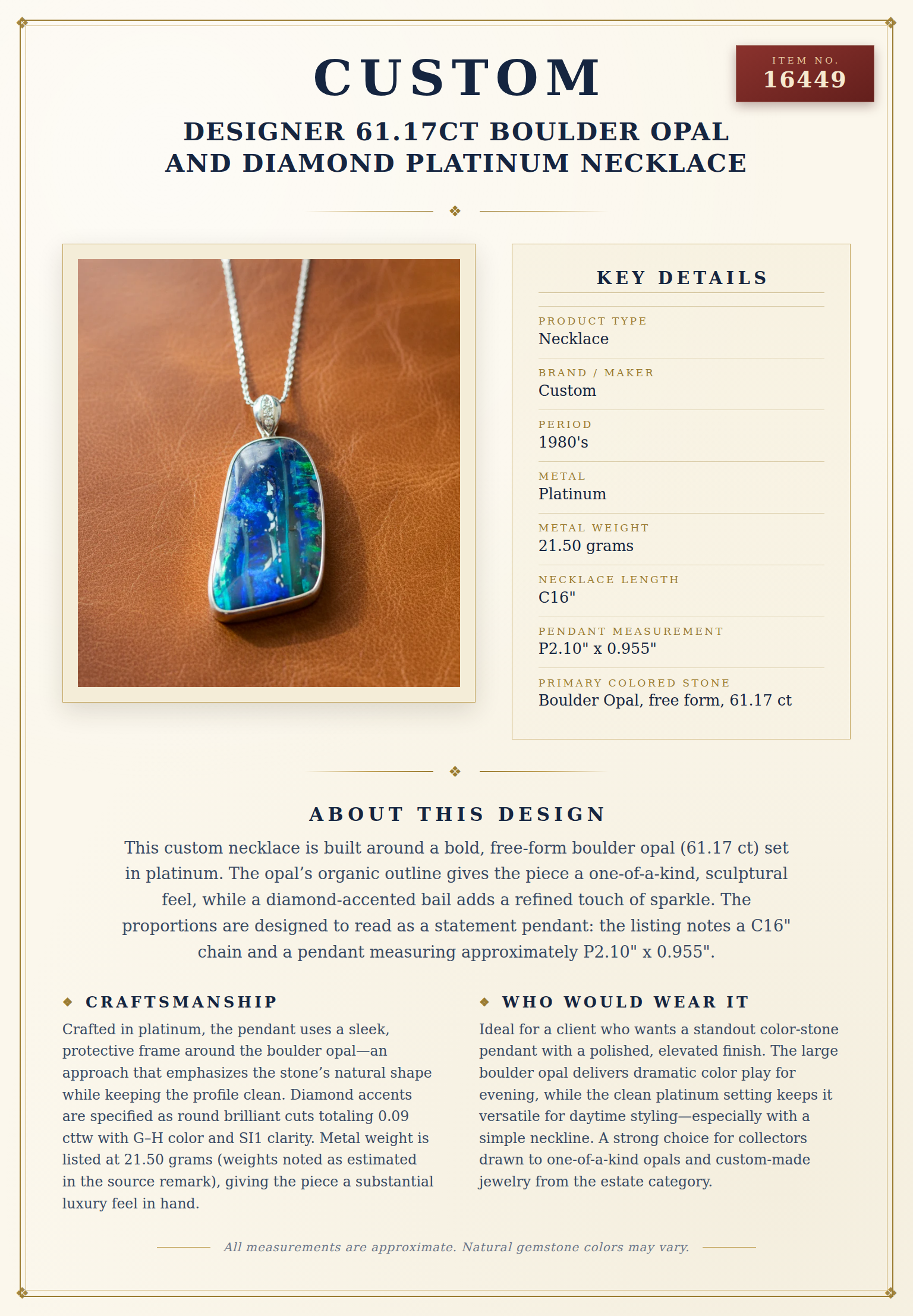 Custom Designer 61.17ct Boulder Opal and Diamond Platinum Necklace — anatomy card
