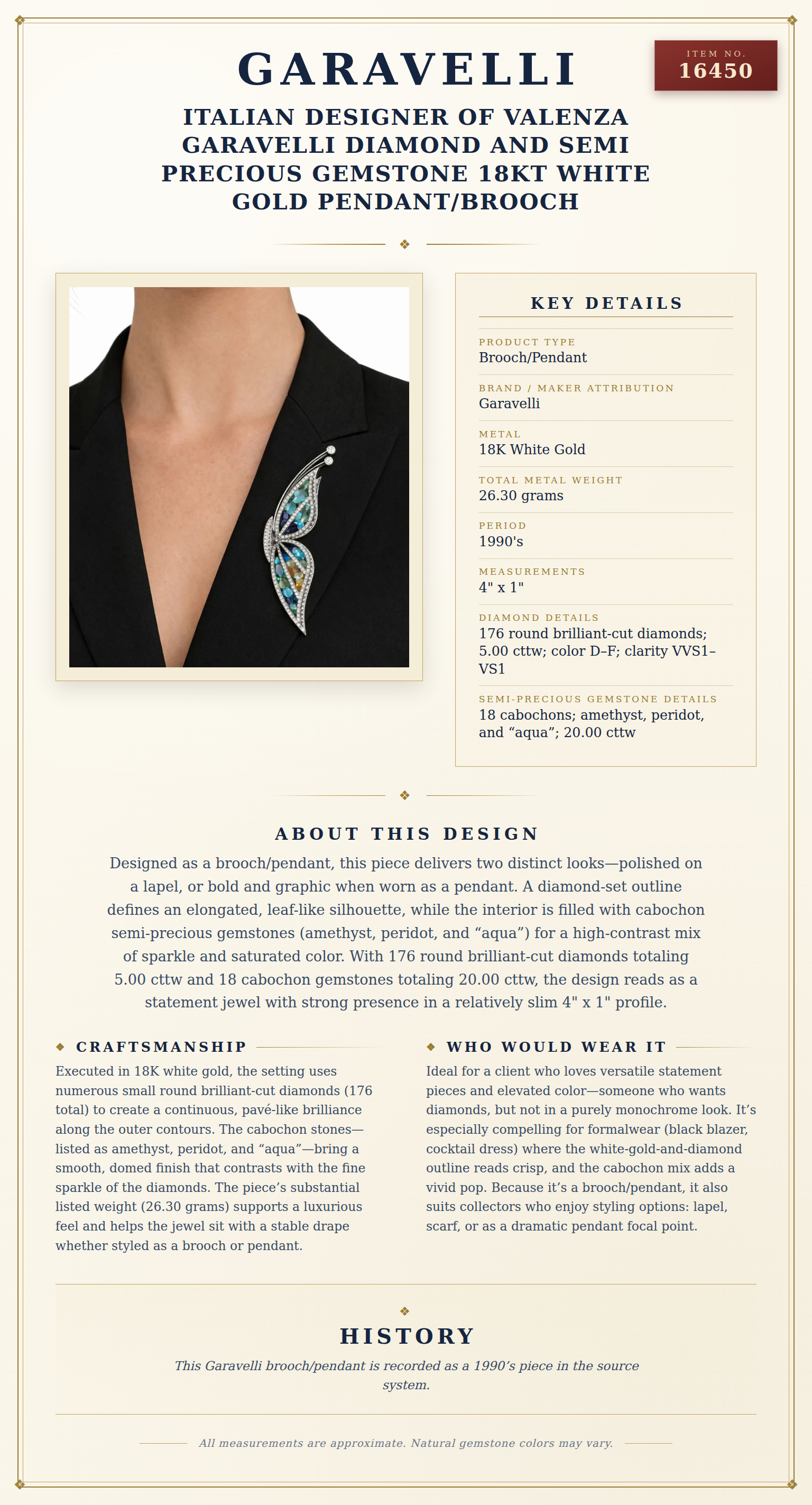 Italian Designer of Valenza Garavelli Diamond and Semi Precious Gemstone 18Kt White Gold Pendant/Brooch — anatomy card