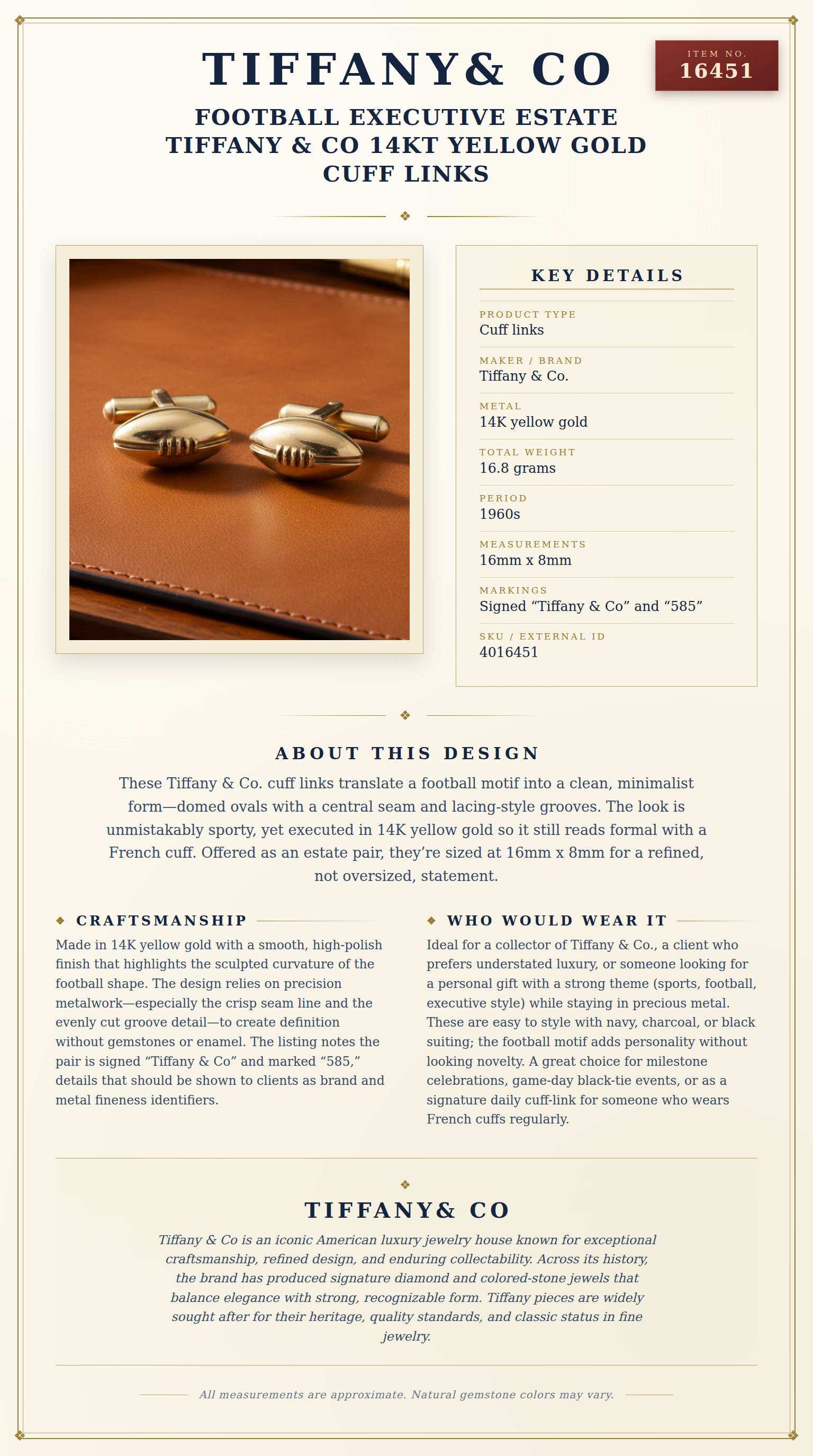 Football Executive Estate Tiffany & Co 14kt Yellow Gold Cuff Links — anatomy card