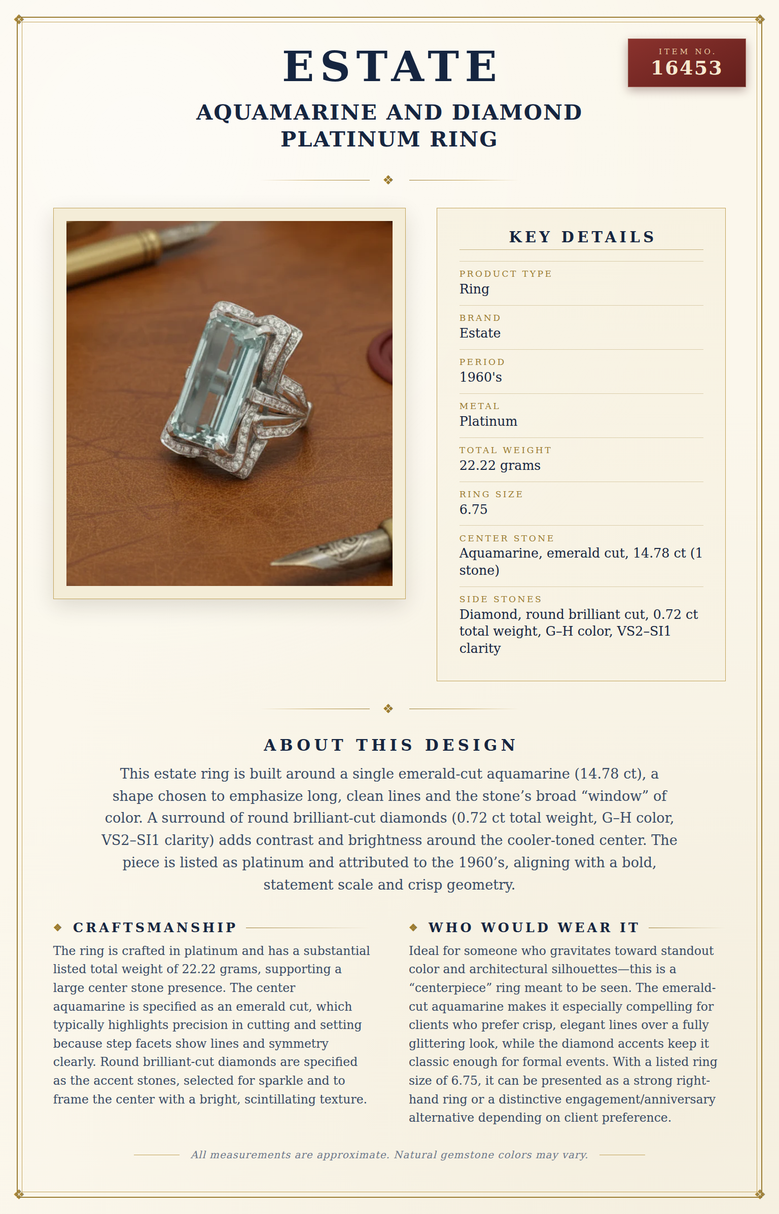 Estate Aquamarine and Diamond Platinum Ring — anatomy card