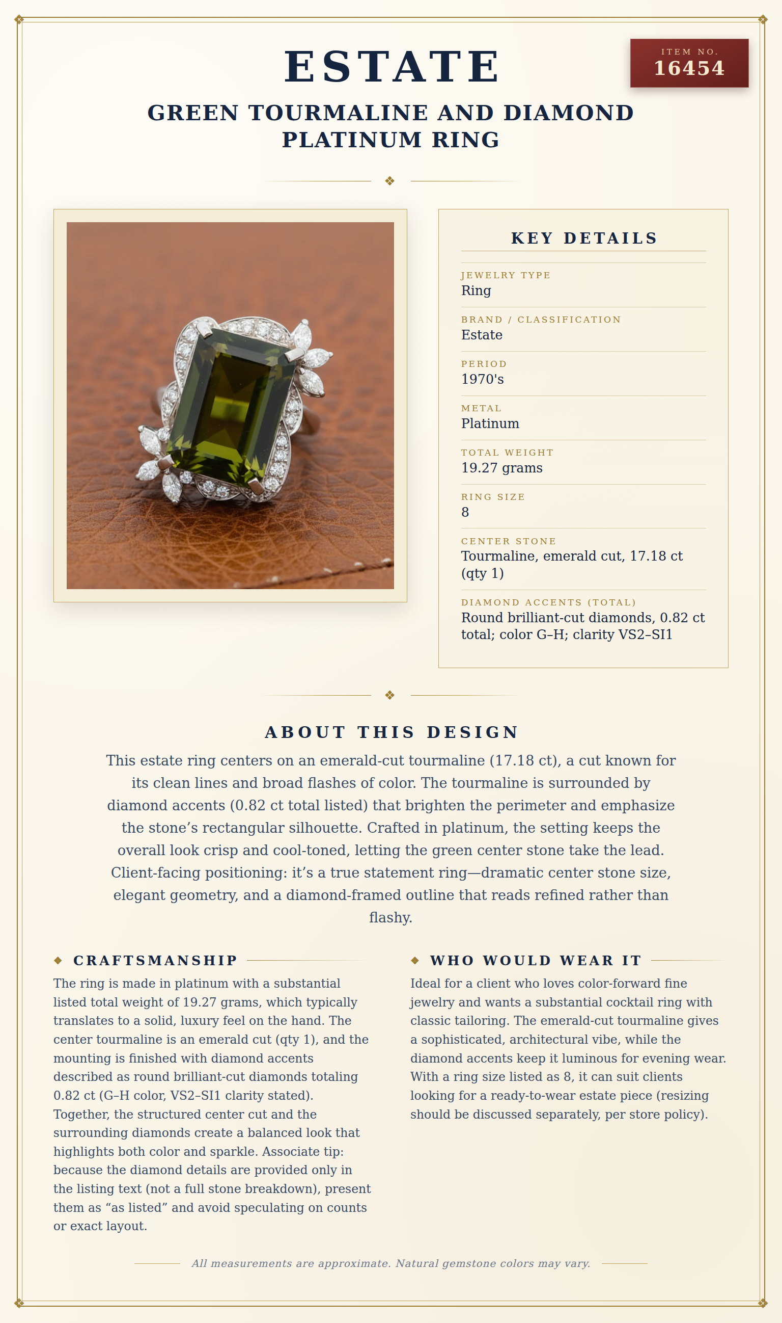 Estate Green Tourmaline and Diamond Platinum Ring — anatomy card