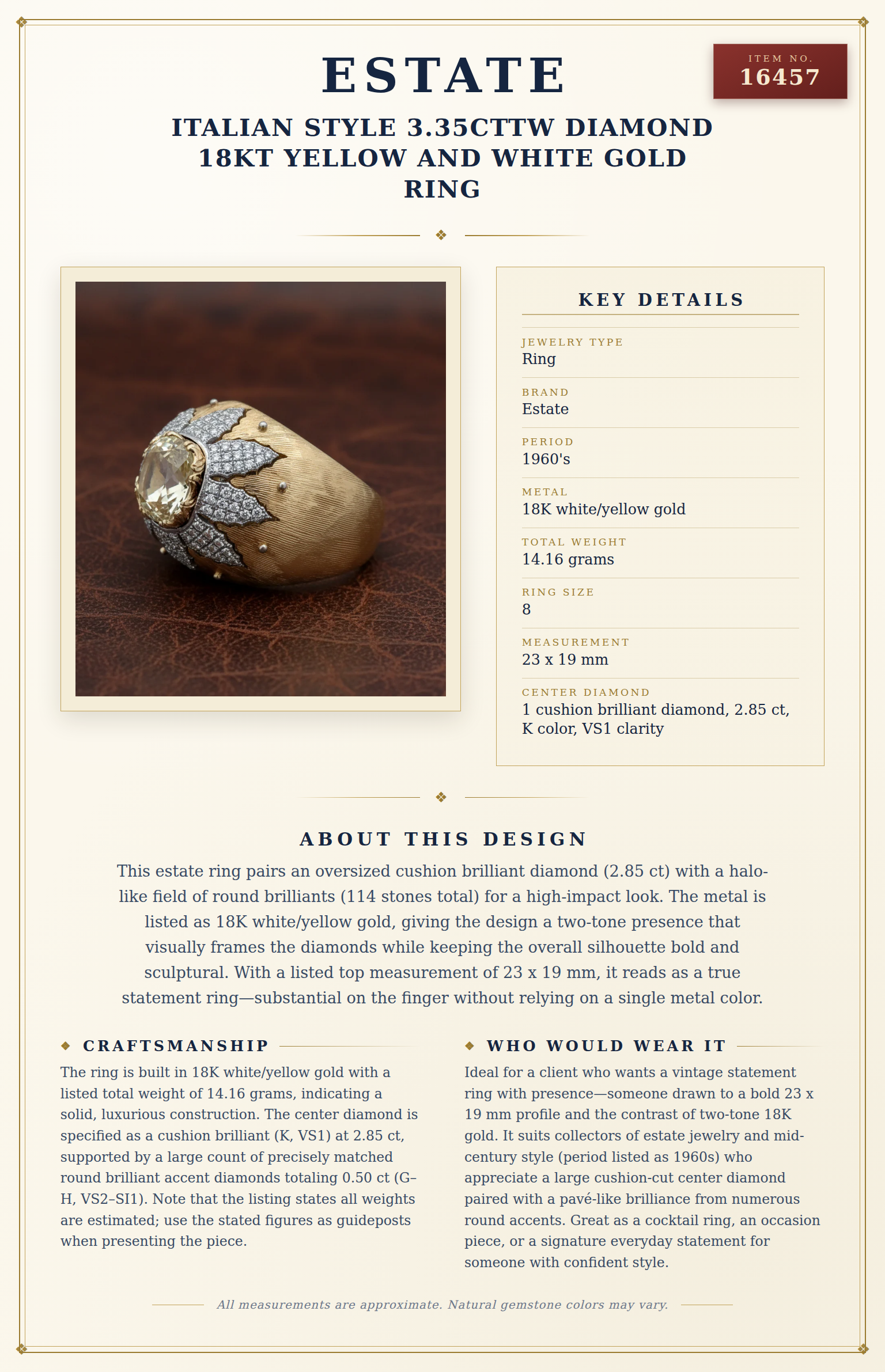 Italian Style 3.35cttw Diamond 18kt Yellow and White Gold Ring — anatomy card