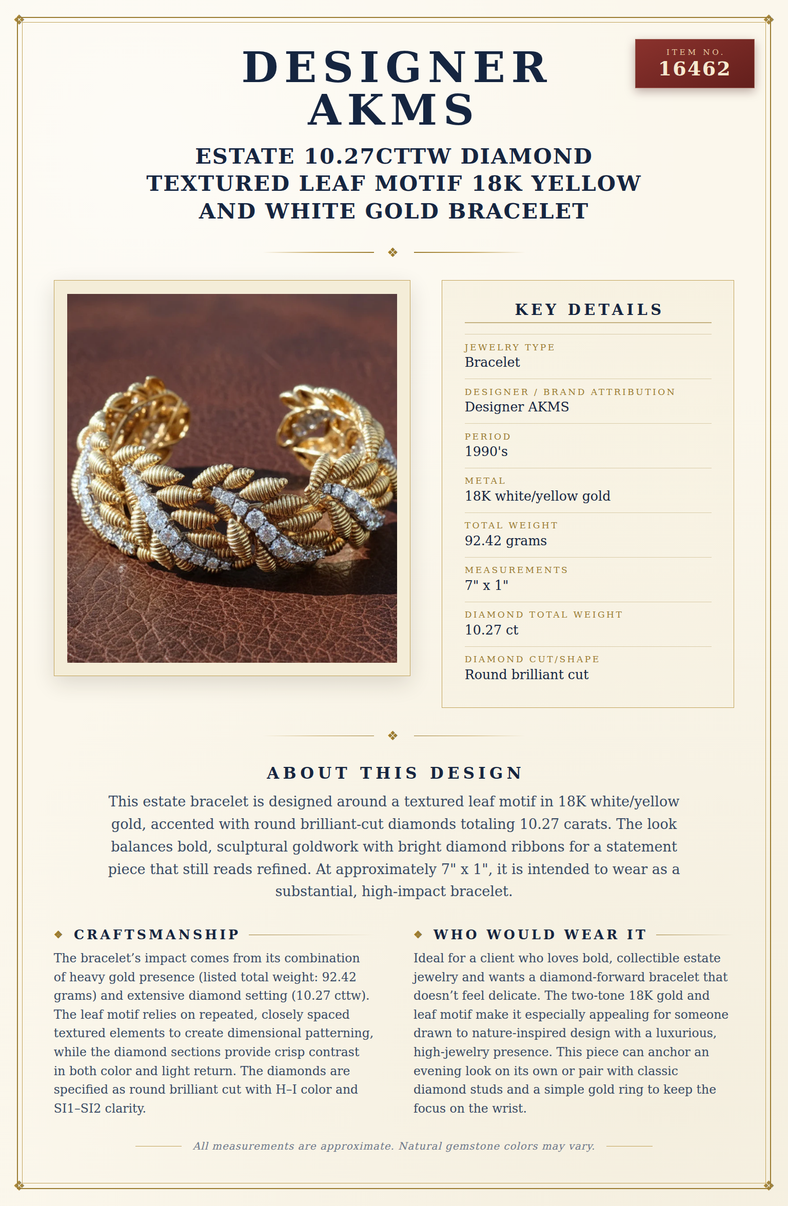 Estate 10.27cttw Diamond Textured Leaf Motif 18K Yellow and White Gold Bracelet — anatomy card