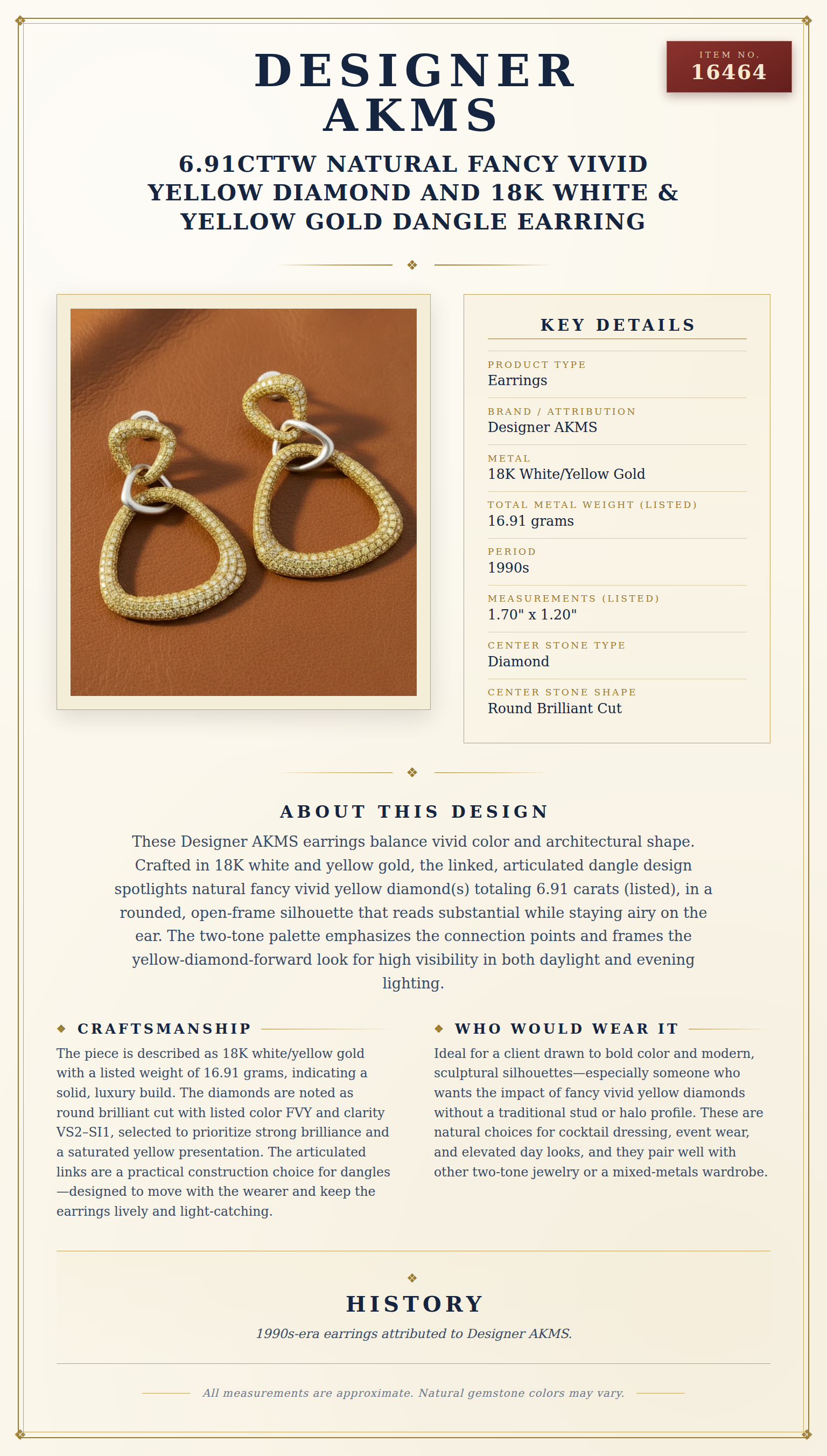 Designer AKMS 6.91cttw Natural Fancy Vivid Yellow Diamond and 18k White & Yellow Gold Dangle Earring — anatomy card