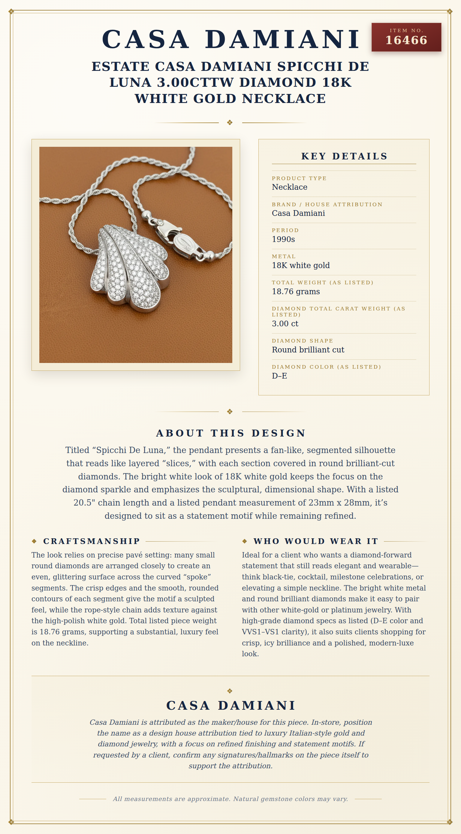 Estate Casa Damiani Spicchi De Luna 3.00cttw Diamond 18k White Gold Necklace — anatomy card