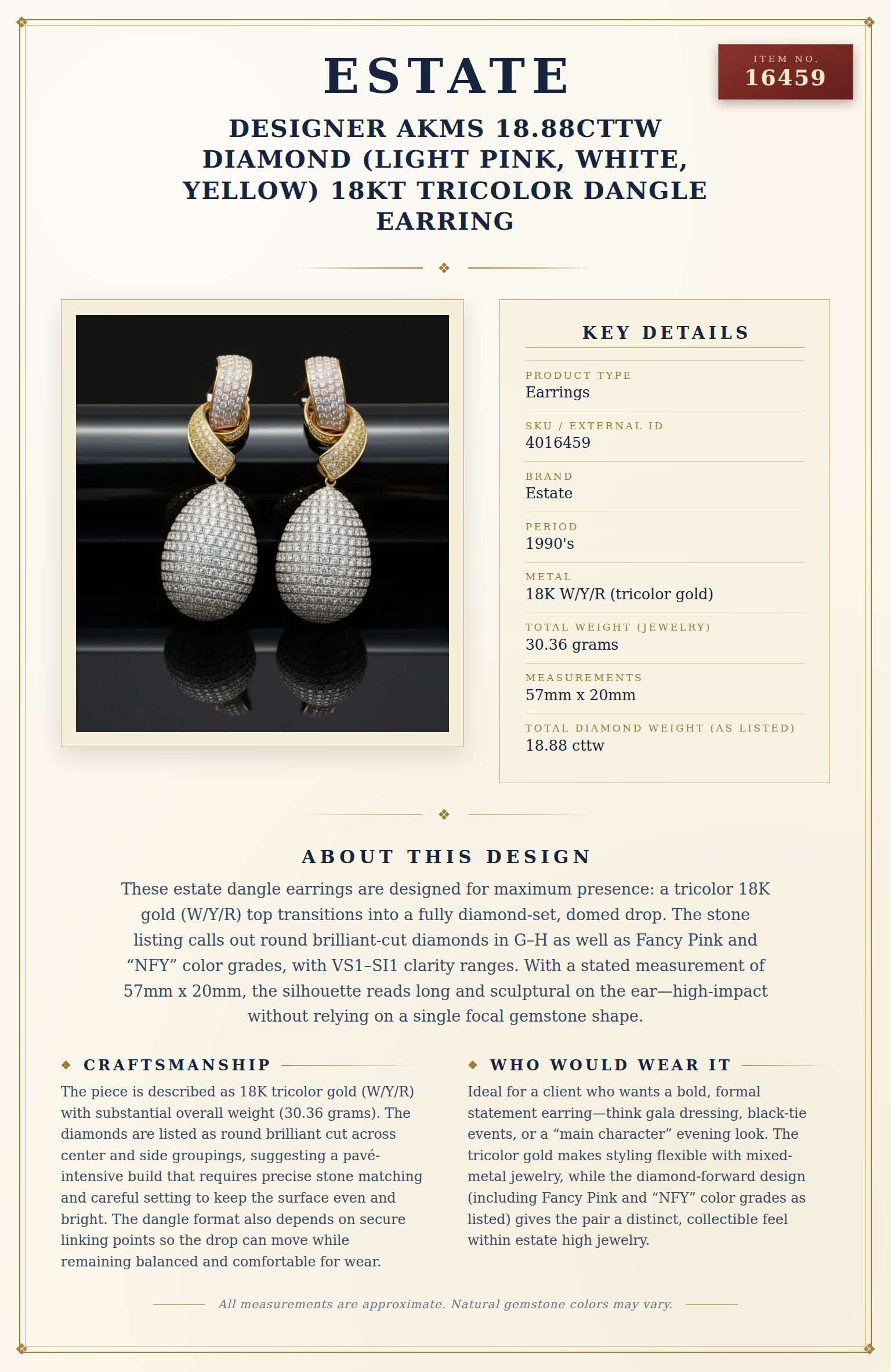 Designer AKMS 18.88cttw Diamond (Light Pink, white, Yellow) 18kt Tricolor Dangle Earring — anatomy card