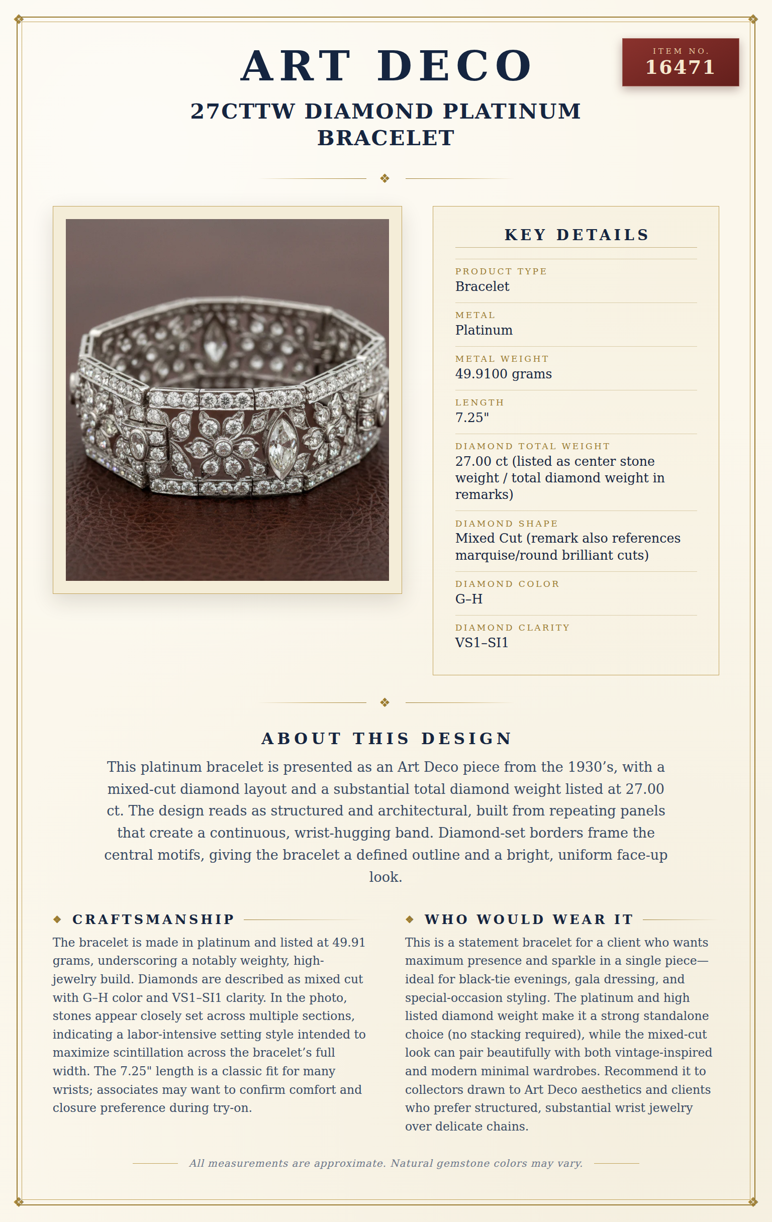 Art Deco 27cttw Diamond Platinum Bracelet — anatomy card