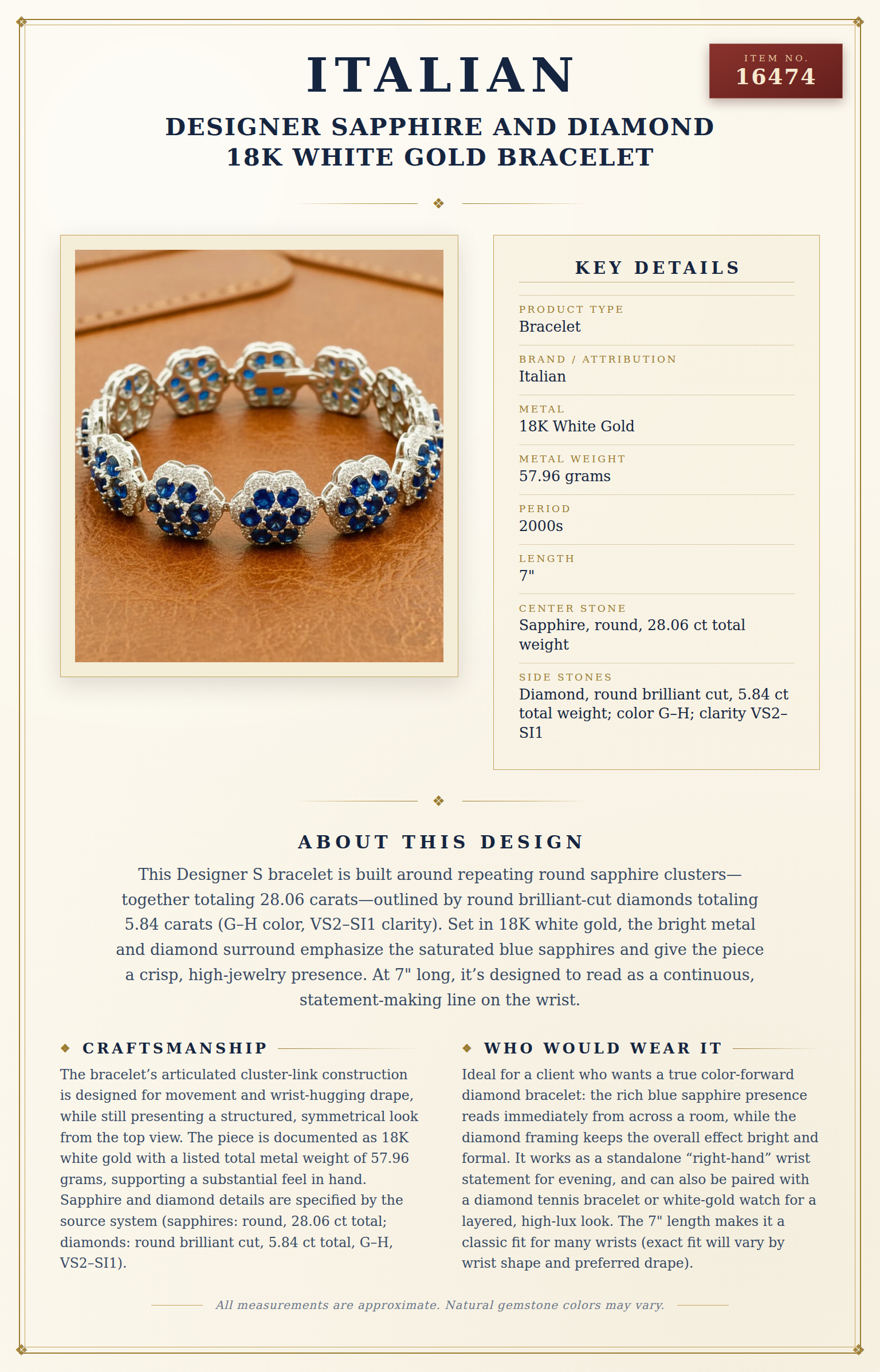Designer Sapphire and Diamond 18K White Gold Bracelet — anatomy card