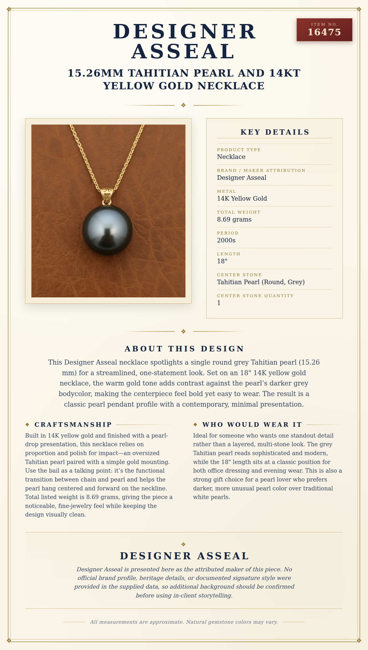 Designer Asseal 15.26mm Tahitian Pearl and 14kt Yellow Gold Necklace — anatomy card
