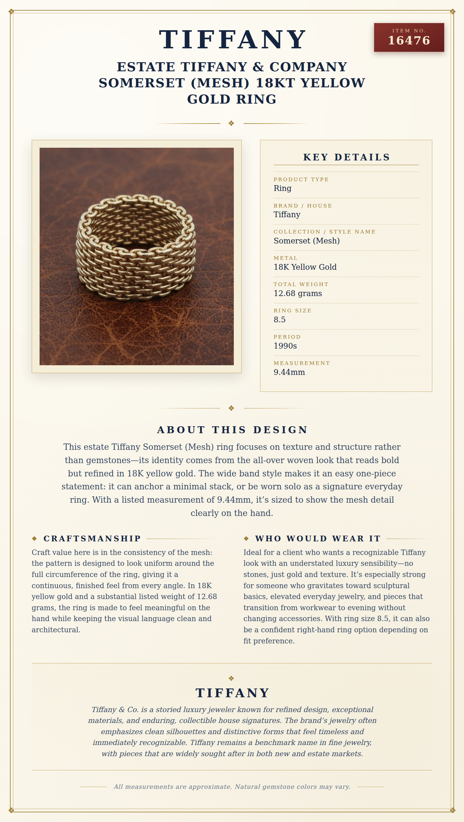 Estate Tiffany & Company Somerset (Mesh) 18kt Yellow Gold Ring — anatomy card