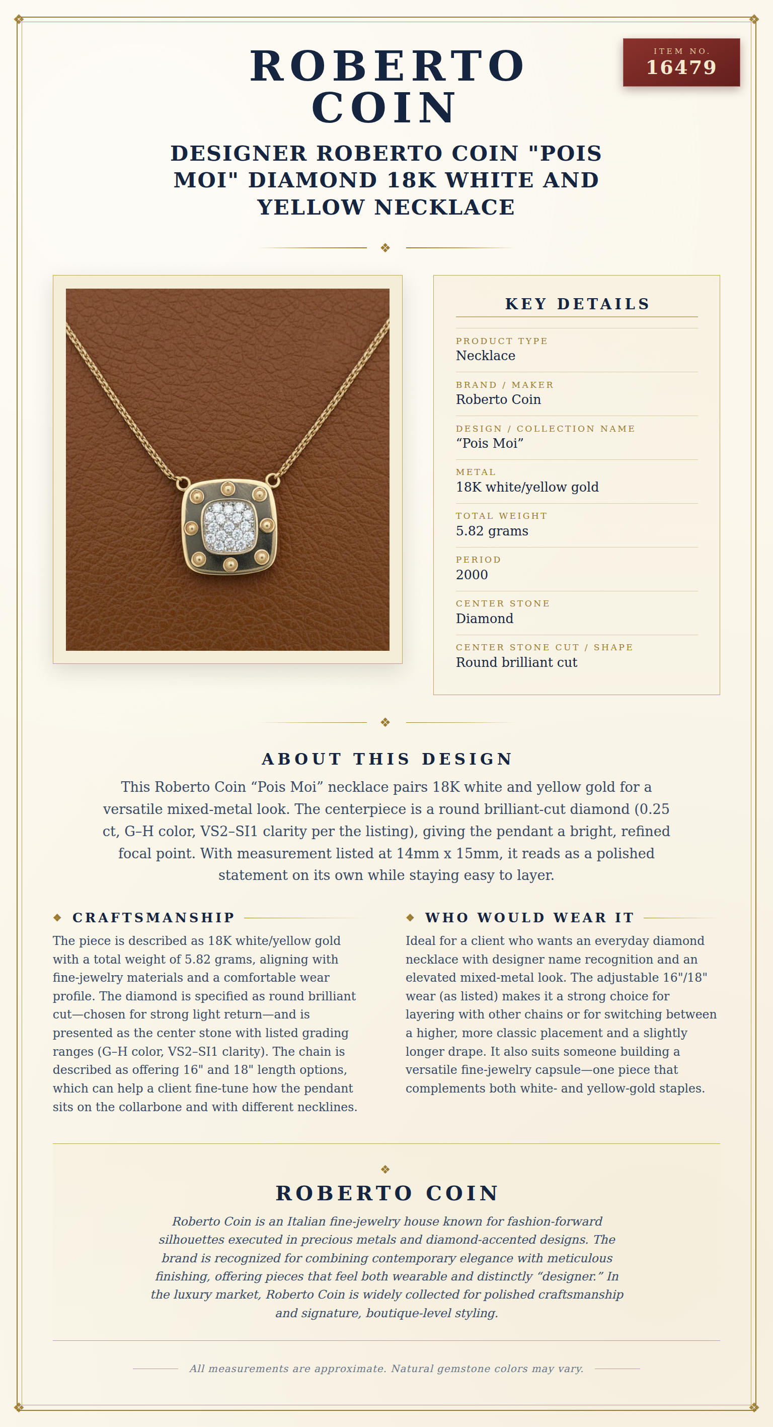 Designer Roberto Coin "Pois Moi" Diamond 18K White and Yellow Necklace — anatomy card