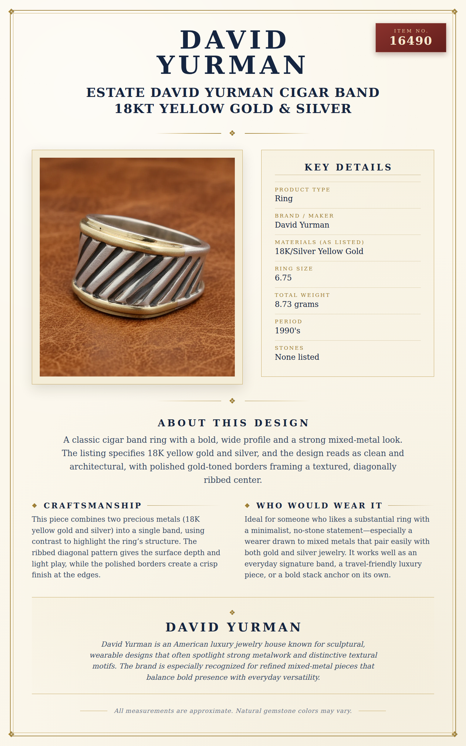 Estate David Yurman Cigar Band 18kt Yellow Gold & Silver — anatomy card