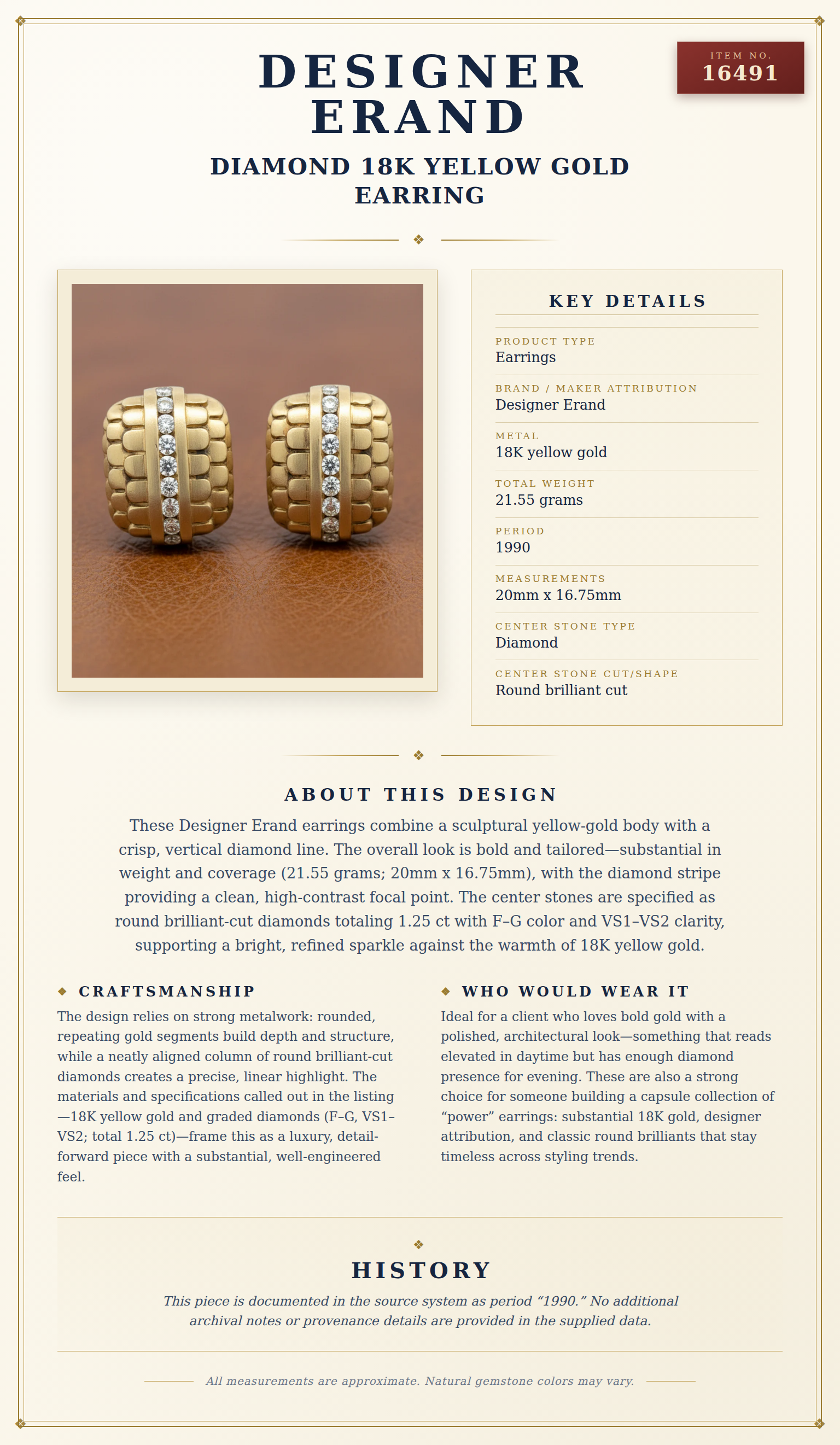 Designer ERAND Diamond 18K Yellow Gold Earring — anatomy card