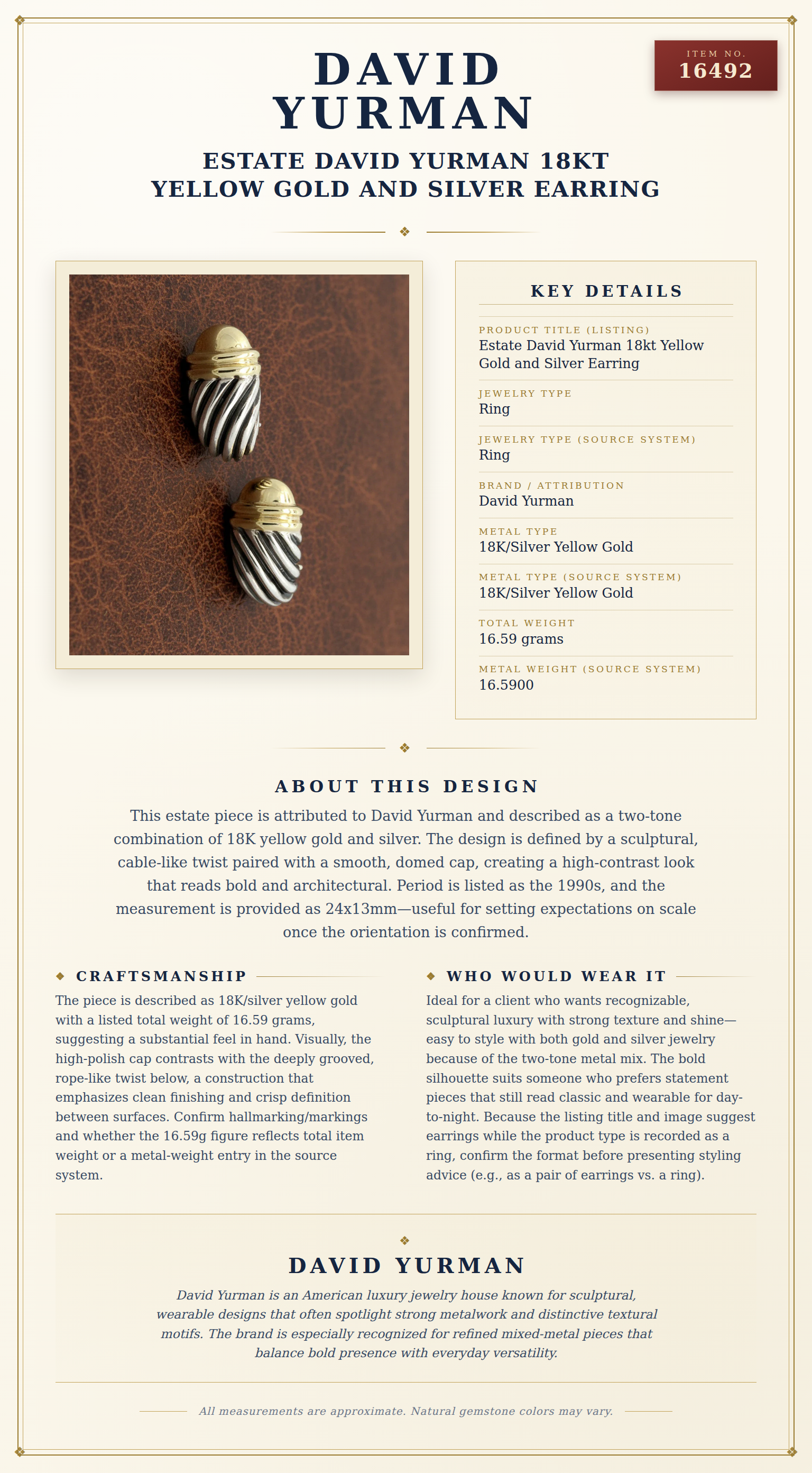 Estate David Yurman 18kt Yellow Gold and Silver Earring — anatomy card