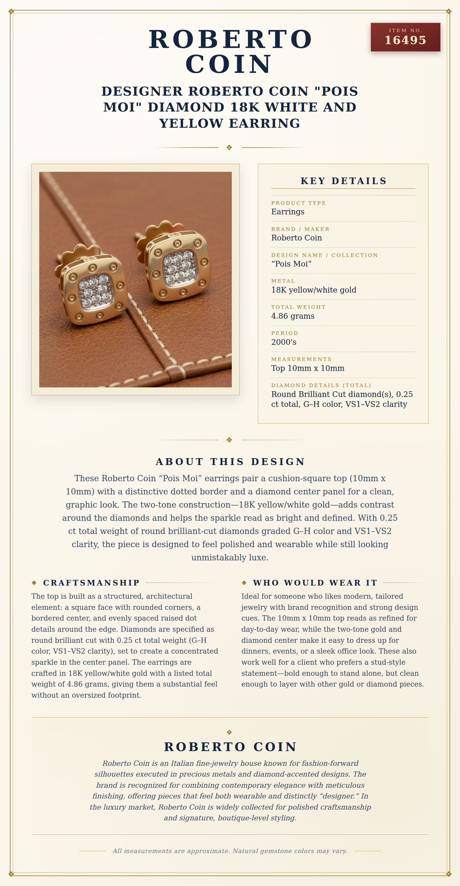Designer Roberto Coin "Pois Moi" Diamond 18k White and Yellow Earring — anatomy card