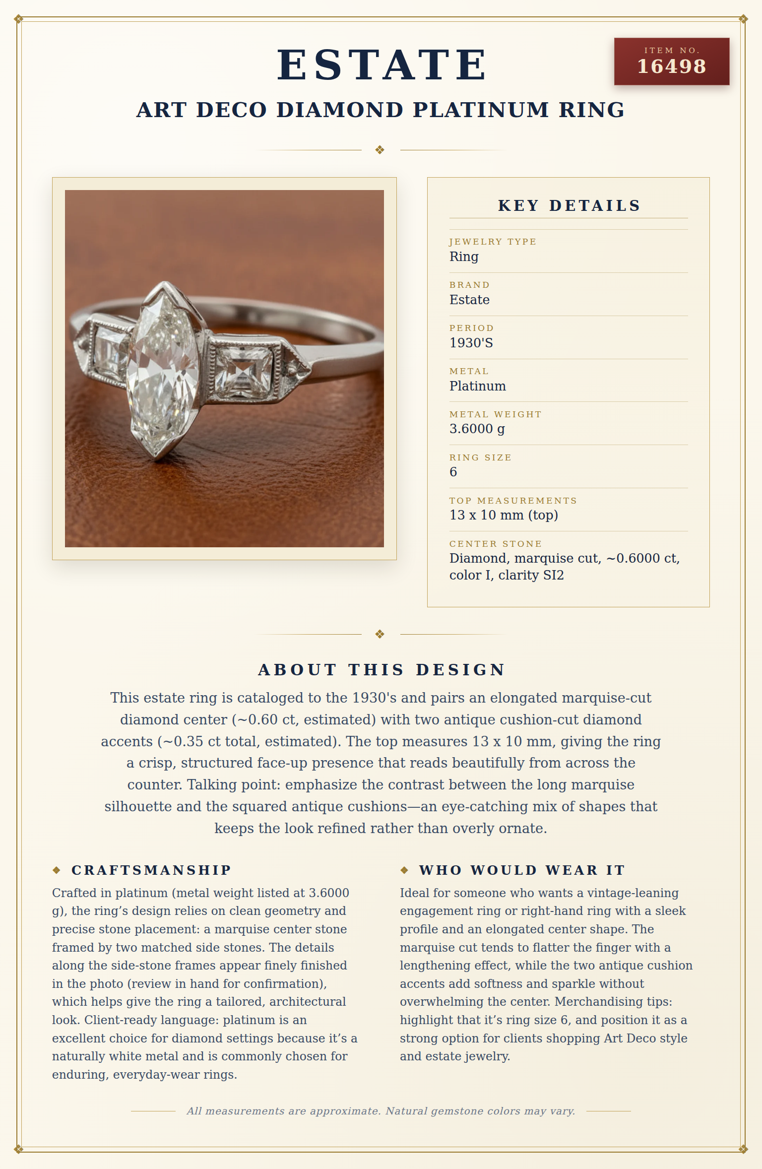 Art Deco Diamond Platinum Ring — anatomy card